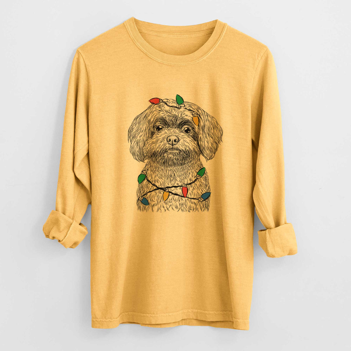 Christmas Lights Stella the Shih Tzu Mix - Heavyweight 100% Cotton Long Sleeve