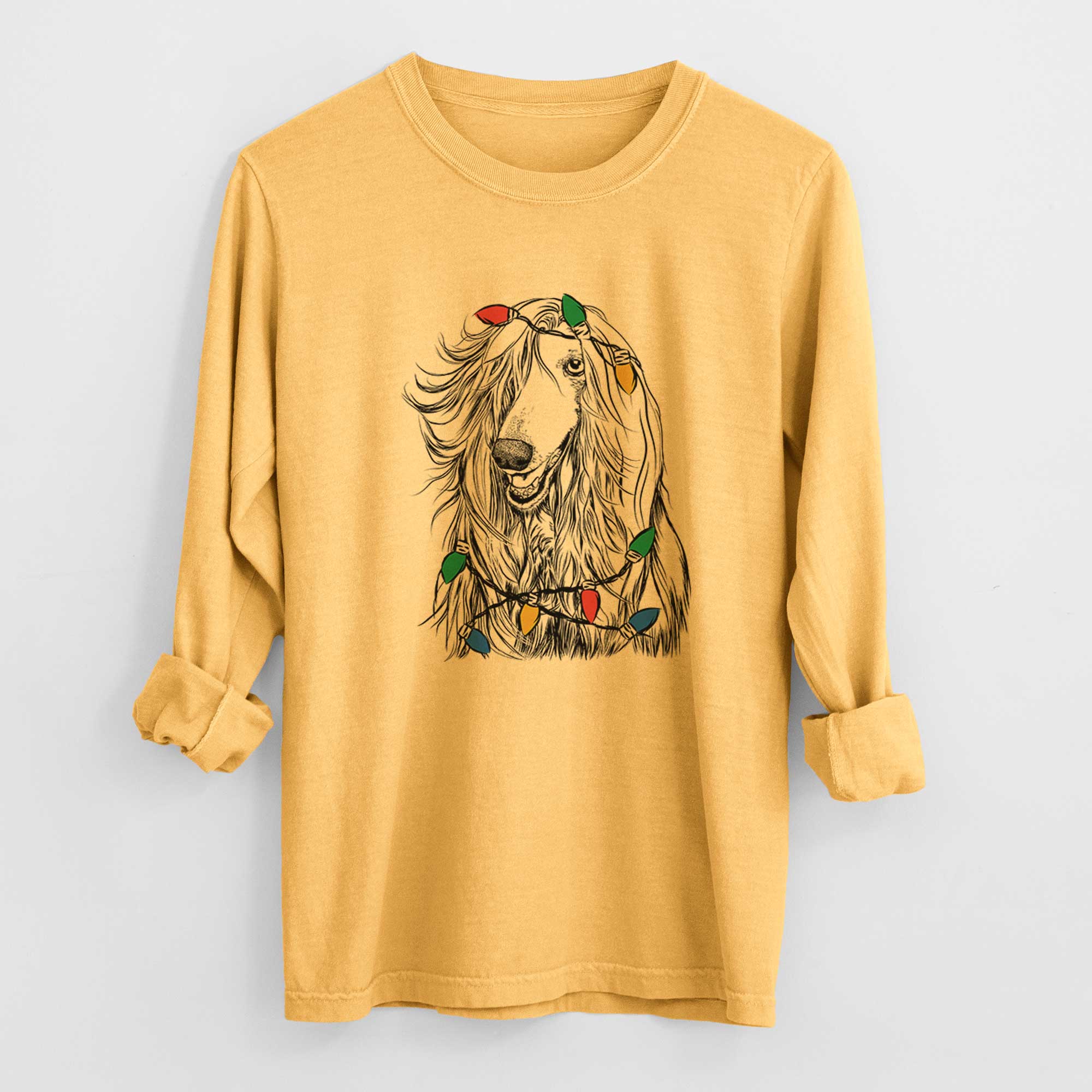 Christmas Lights Sterling the Afghan Hound - Heavyweight 100% Cotton Long Sleeve