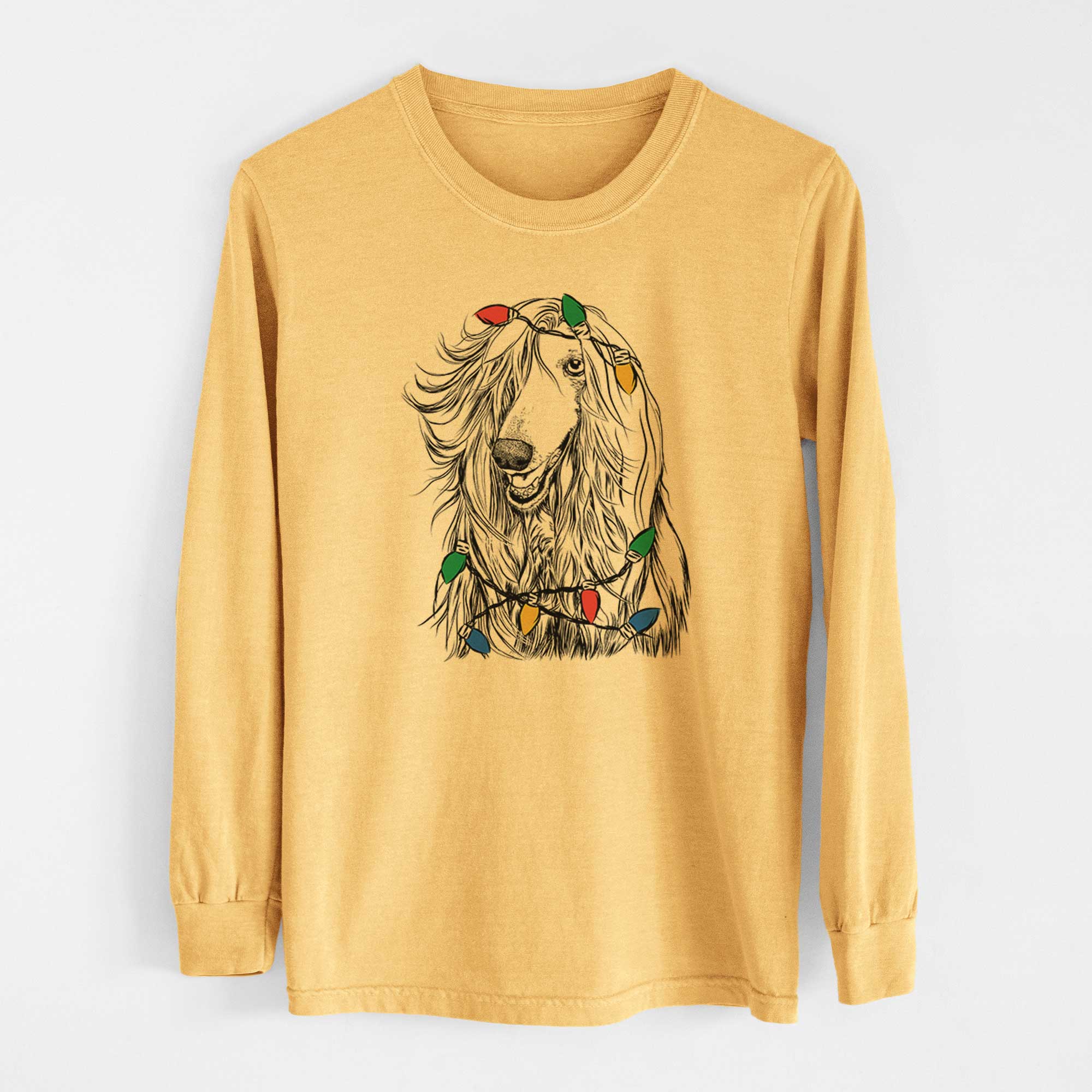 Christmas Lights Sterling the Afghan Hound - Heavyweight 100% Cotton Long Sleeve