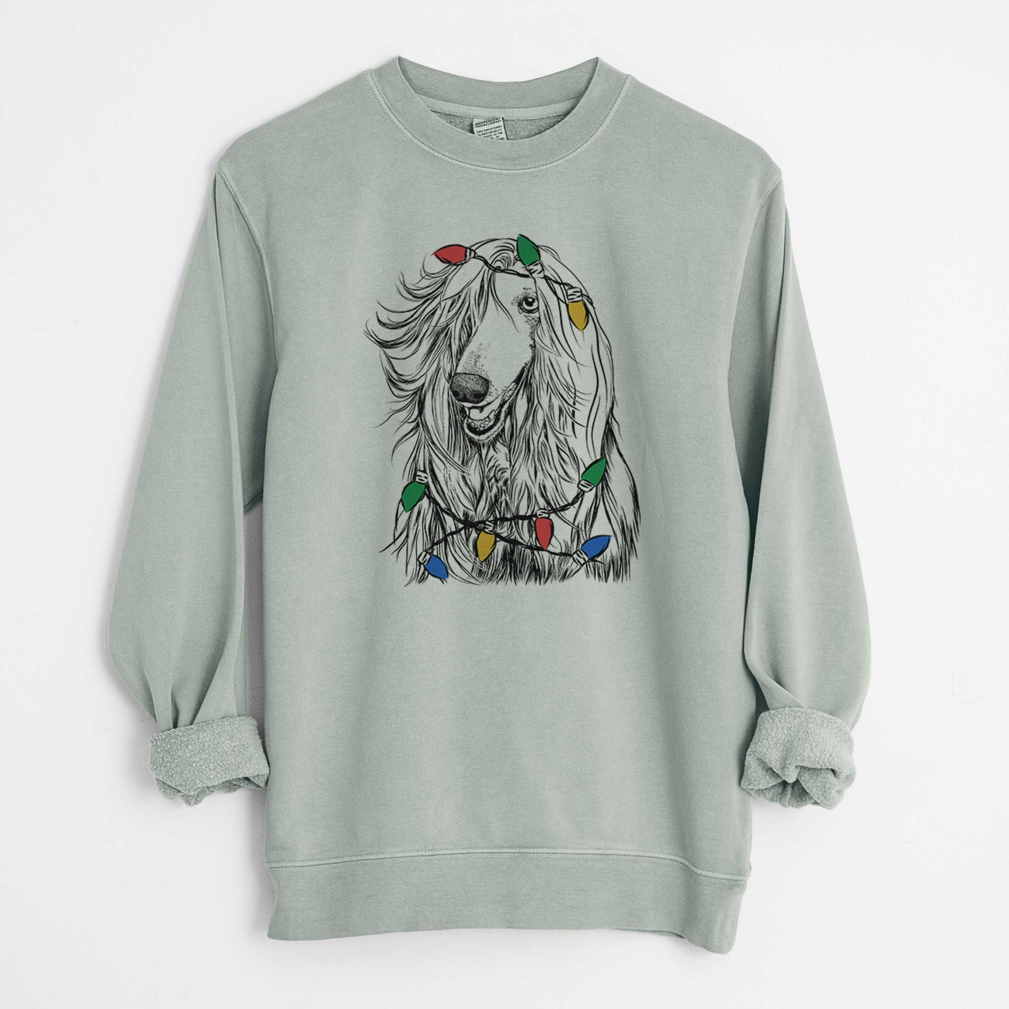 Christmas Lights Sterling the Afghan Hound - Unisex Pigment Dyed Crew Sweatshirt