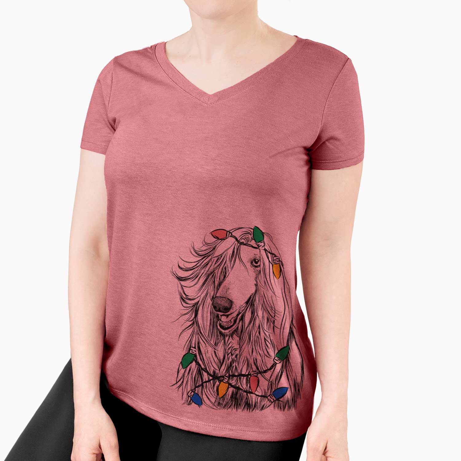Christmas Lights Sterling the Afghan Hound - Women's V-neck Shirt