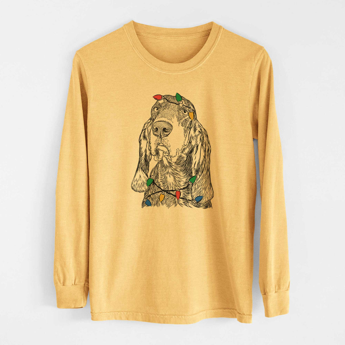 Christmas Lights Stu the Black and Tan Coonhound - Heavyweight 100% Cotton Long Sleeve