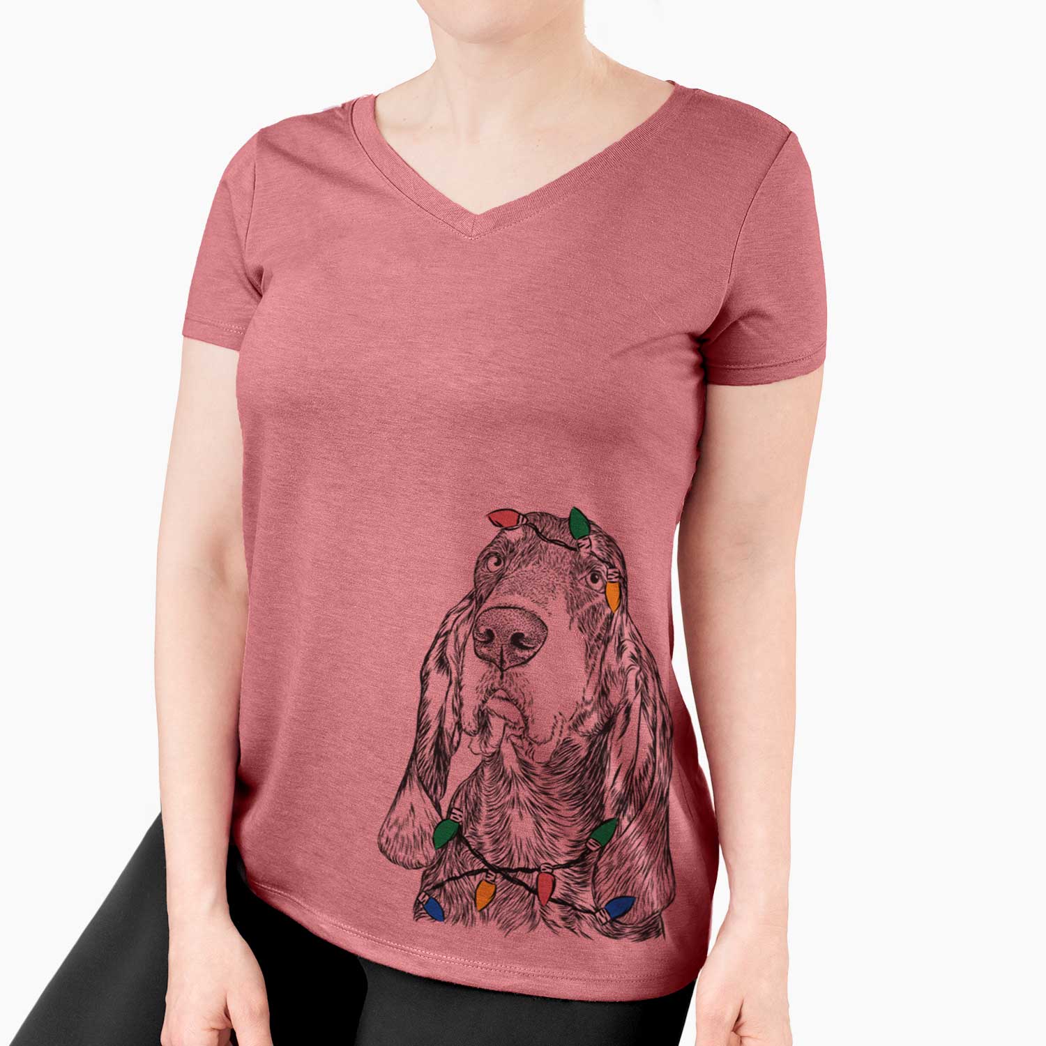 Christmas Lights Stu the Black and Tan Coonhound - Women's V-neck Shirt