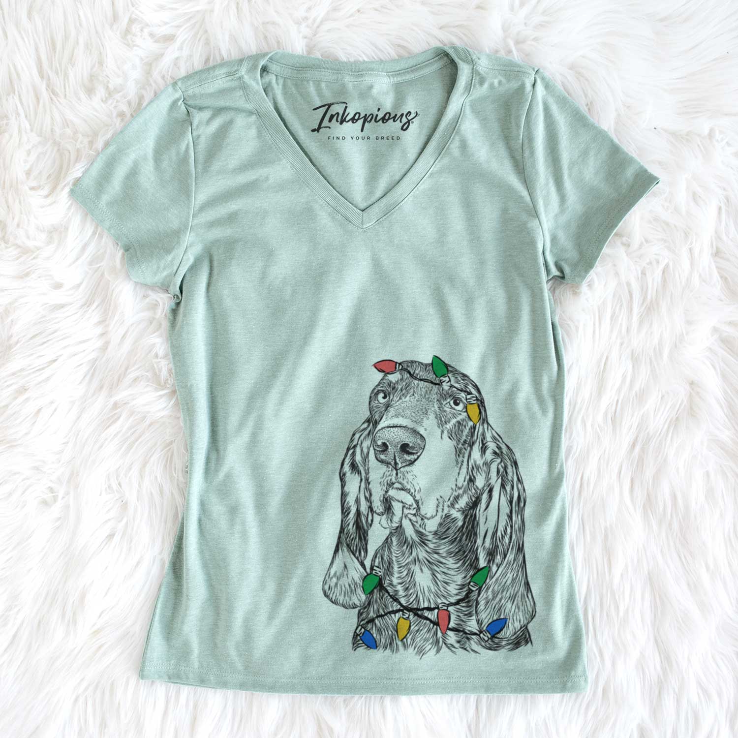 Christmas Lights Stu the Black and Tan Coonhound - Women's V-neck Shirt