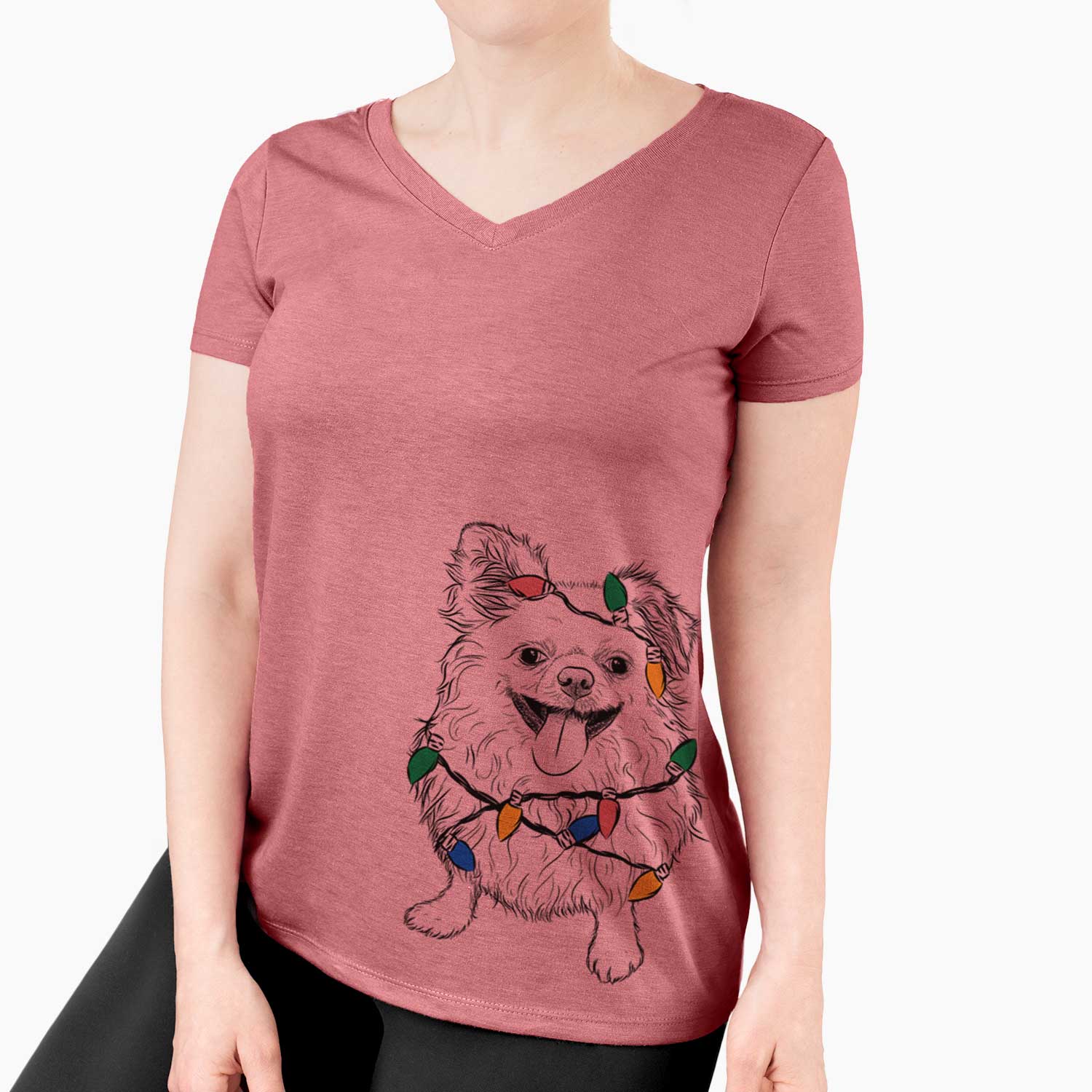 Christmas Lights Stuart the Longhaired Chihuahua - Women's V-neck Shirt