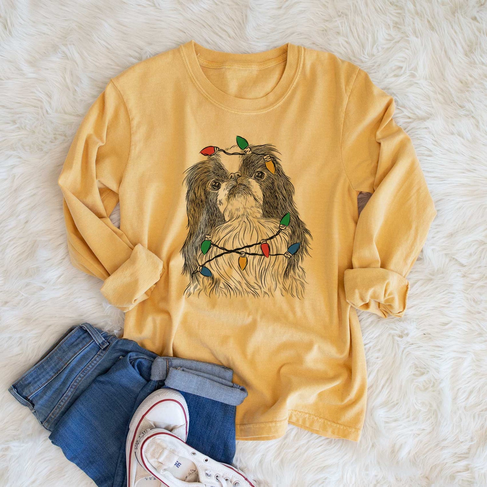 Christmas Lights Suki the Japanese Chin - Heavyweight 100% Cotton Long Sleeve