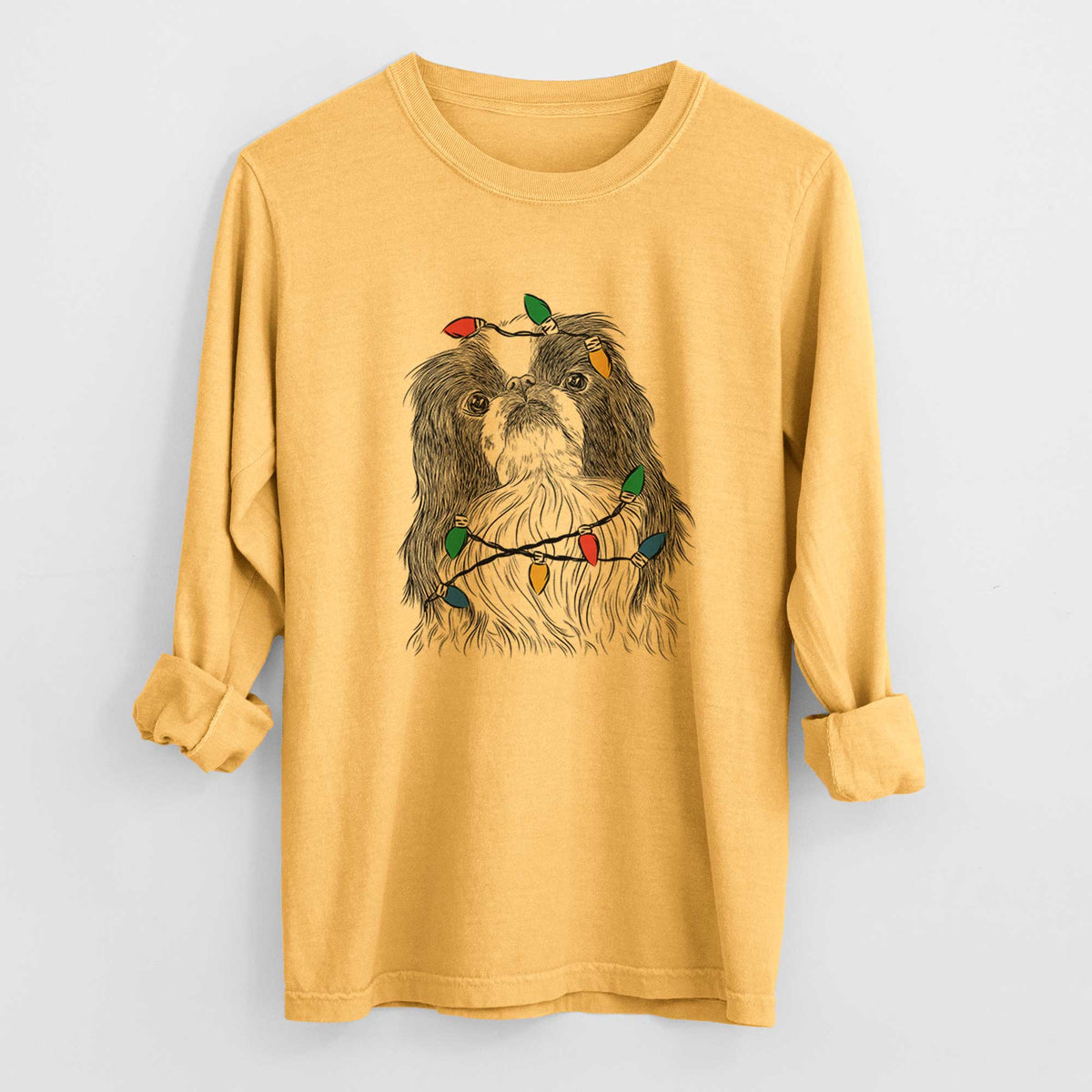Christmas Lights Suki the Japanese Chin - Heavyweight 100% Cotton Long Sleeve