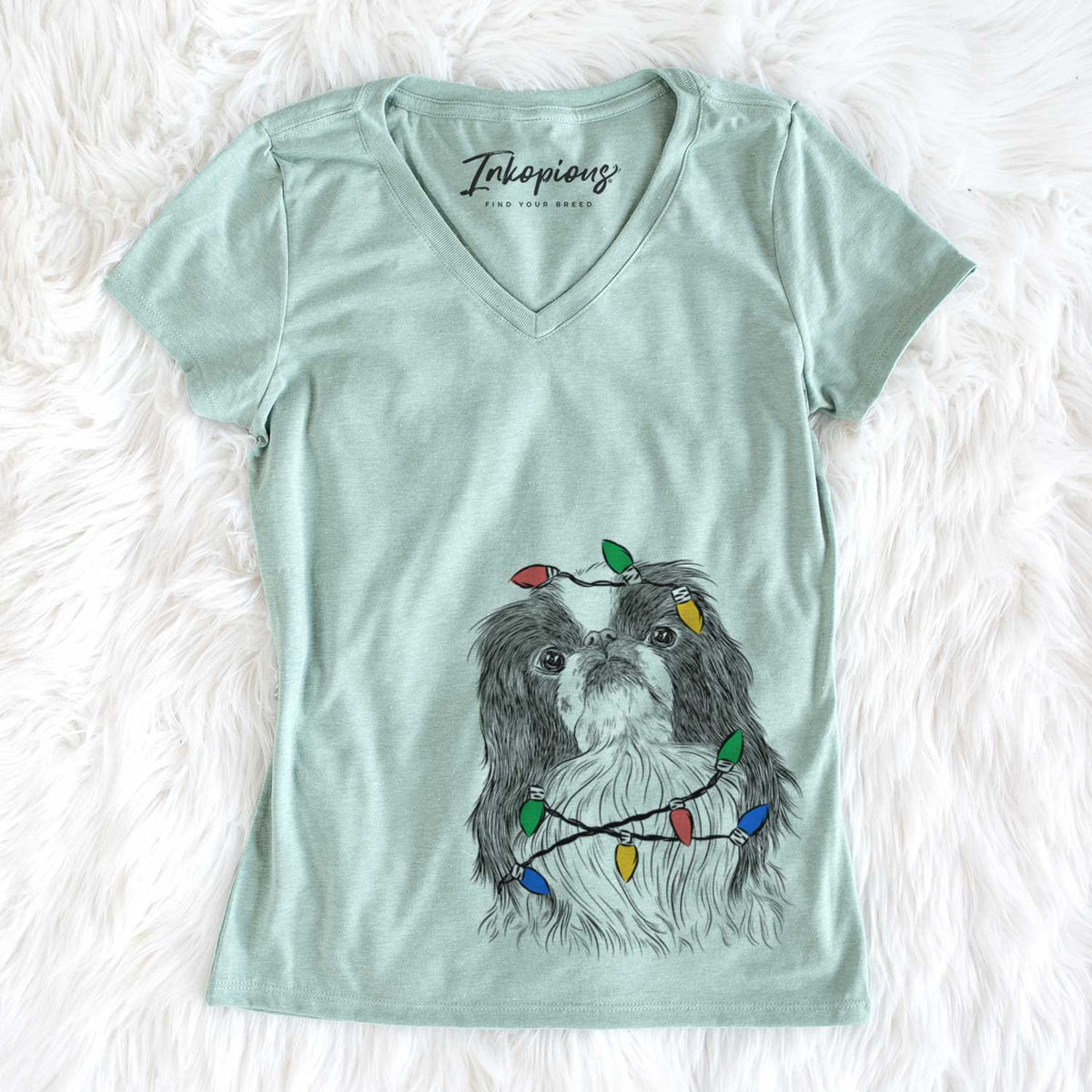 Christmas Lights Suki the Japanese Chin - Women&#39;s V-neck Shirt