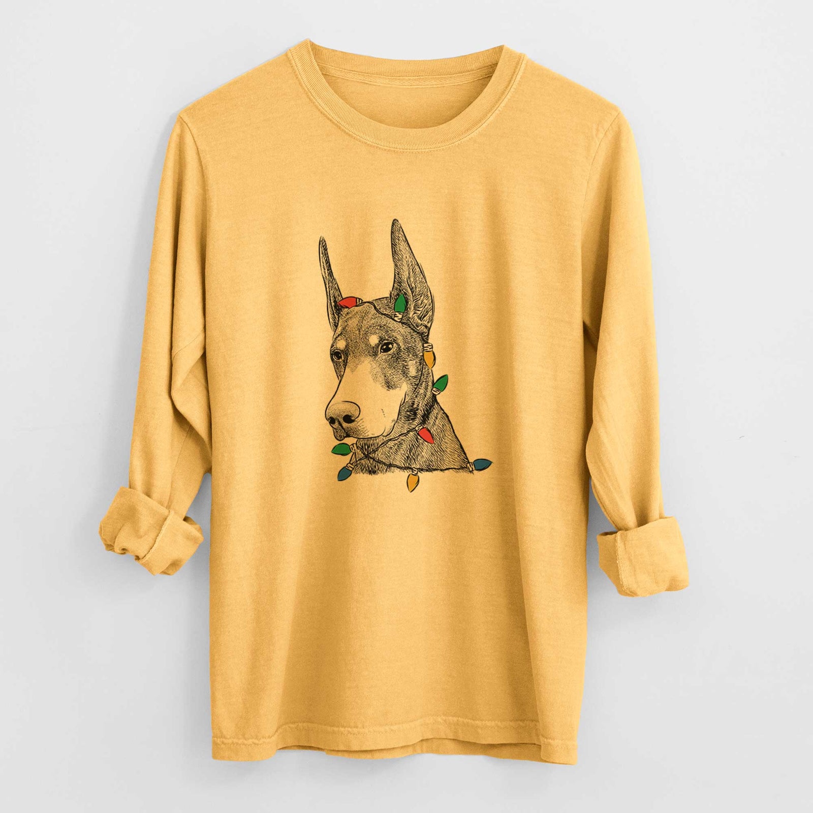Christmas Lights Sunny the Doberman Pinscher - Heavyweight 100% Cotton Long Sleeve
