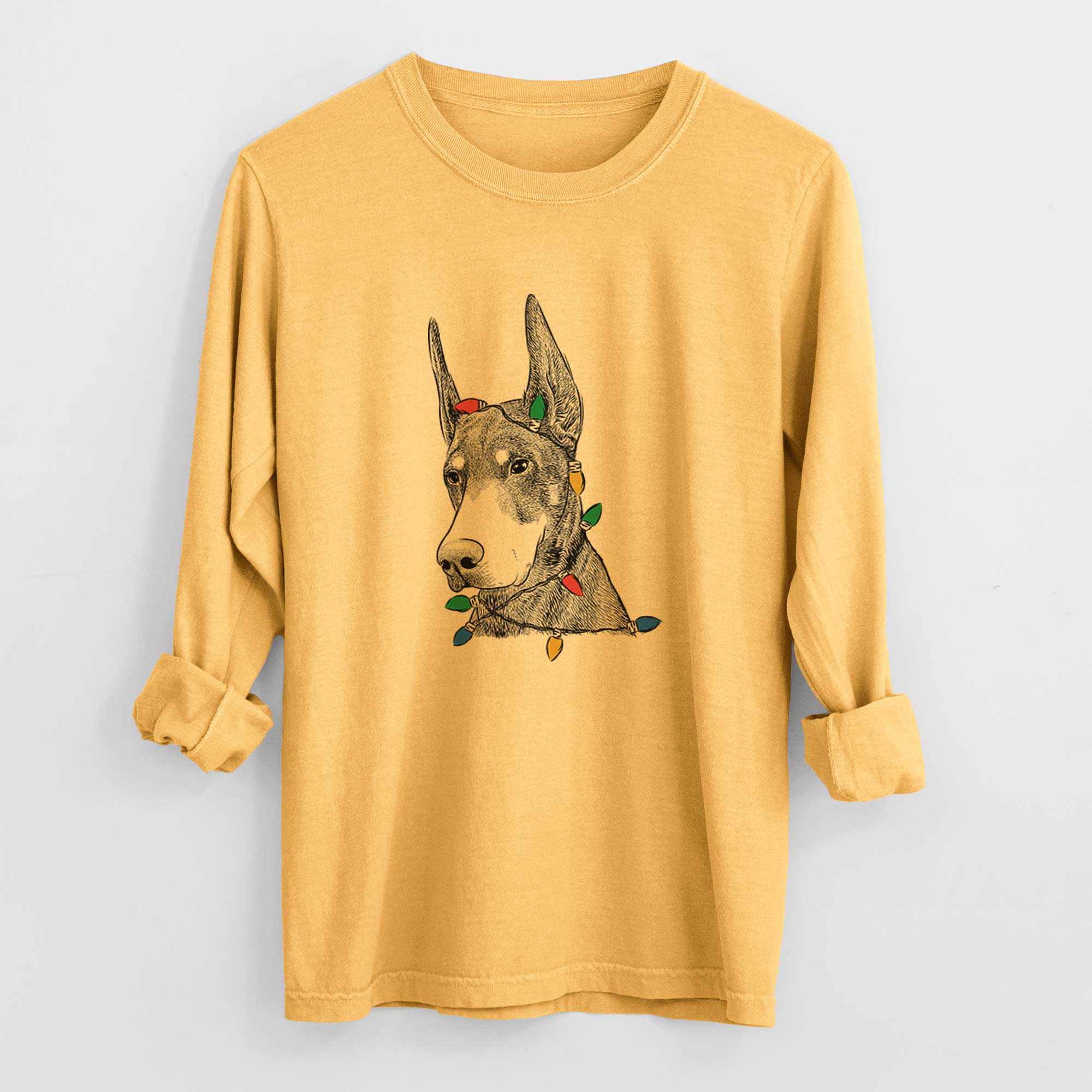 Christmas Lights Sunny the Doberman Pinscher - Heavyweight 100% Cotton Long Sleeve