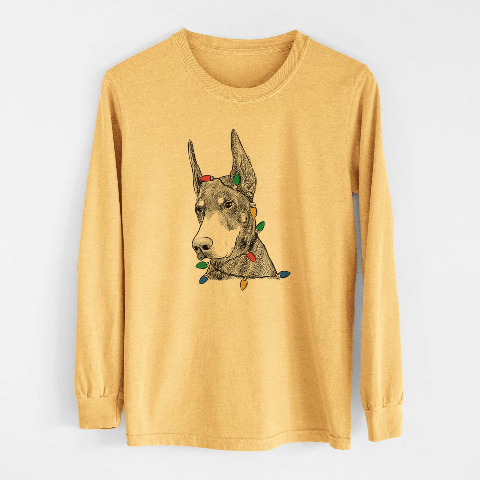 Christmas Lights Sunny the Doberman Pinscher - Heavyweight 100% Cotton Long Sleeve