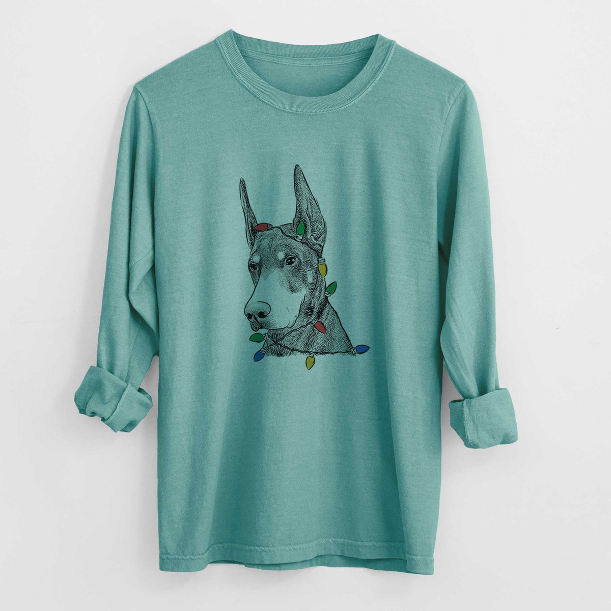 Christmas Lights Sunny the Doberman Pinscher - Heavyweight 100% Cotton Long Sleeve