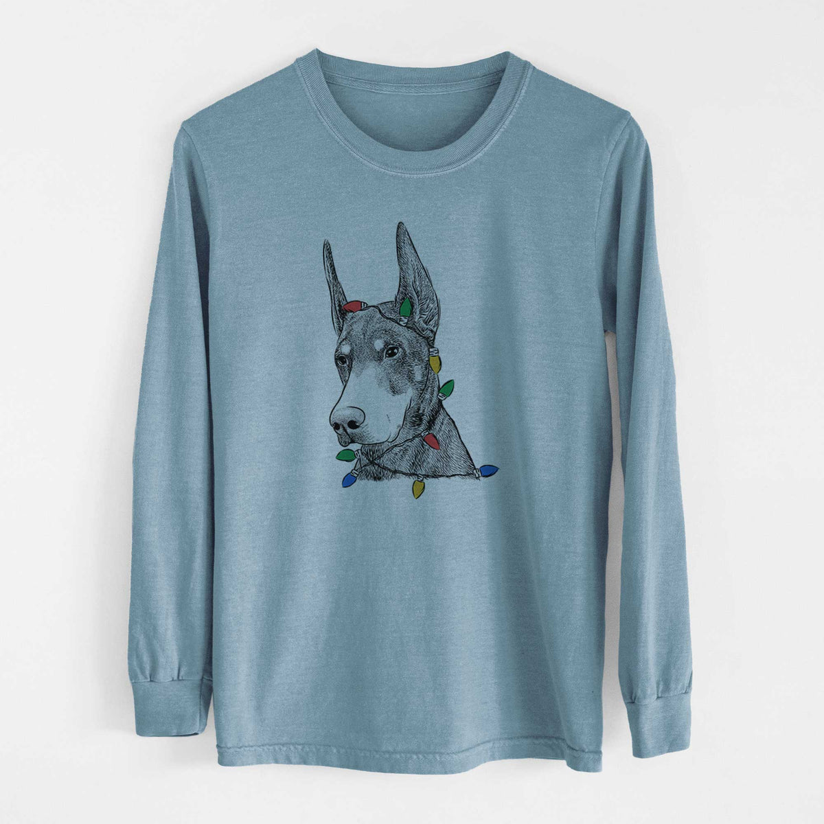 Christmas Lights Sunny the Doberman Pinscher - Heavyweight 100% Cotton Long Sleeve