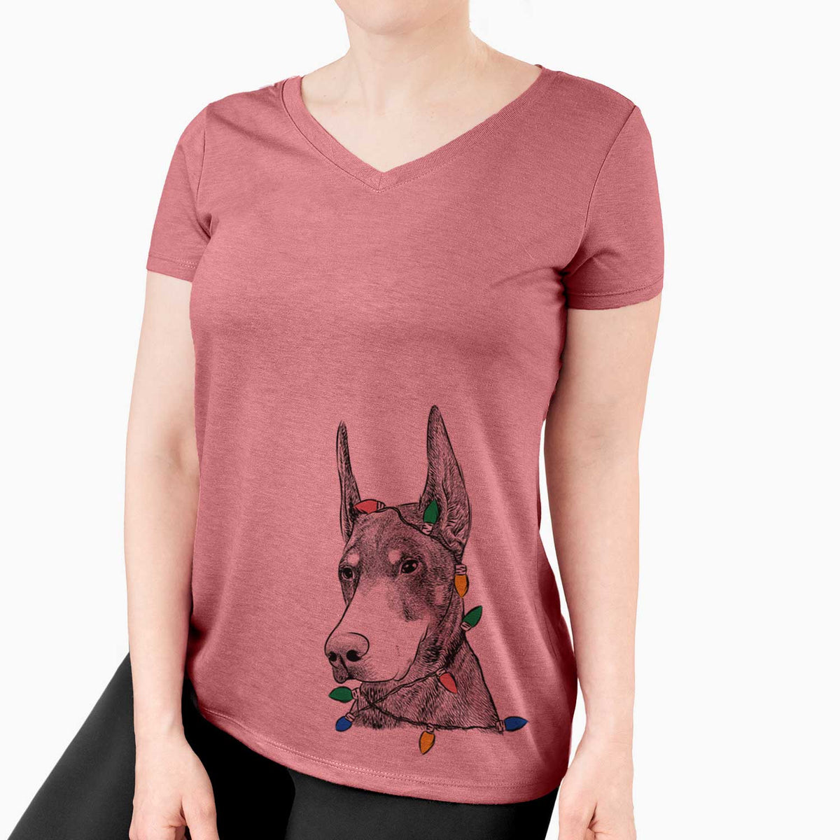 Christmas Lights Sunny the Doberman Pinscher - Women's V-neck Shirt