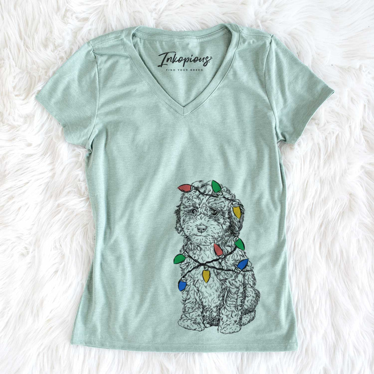 Christmas Lights Sweet Tea the Mini Doodle - Women&#39;s V-neck Shirt