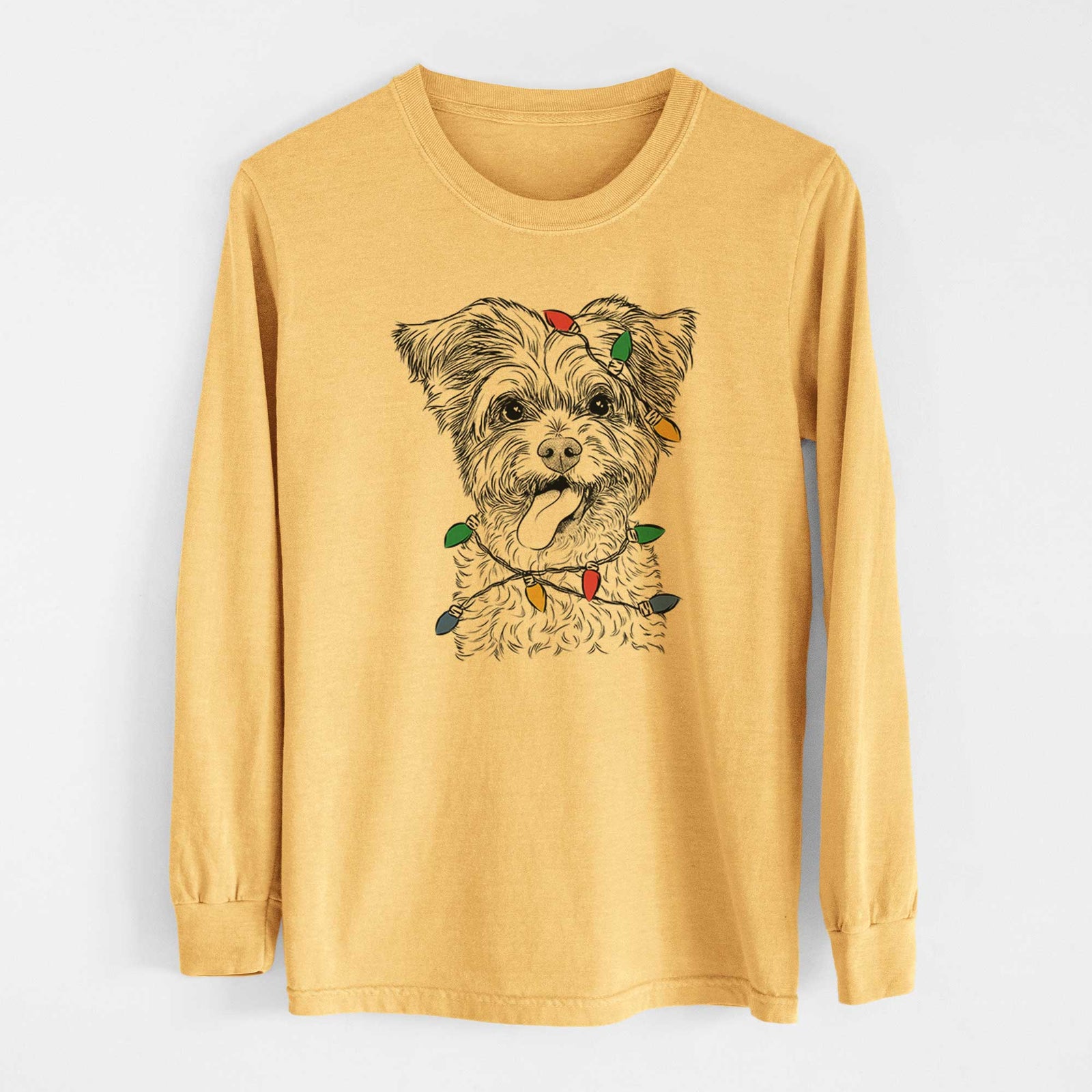 Christmas Lights Sweetie the Terrier Mix - Heavyweight 100% Cotton Long Sleeve