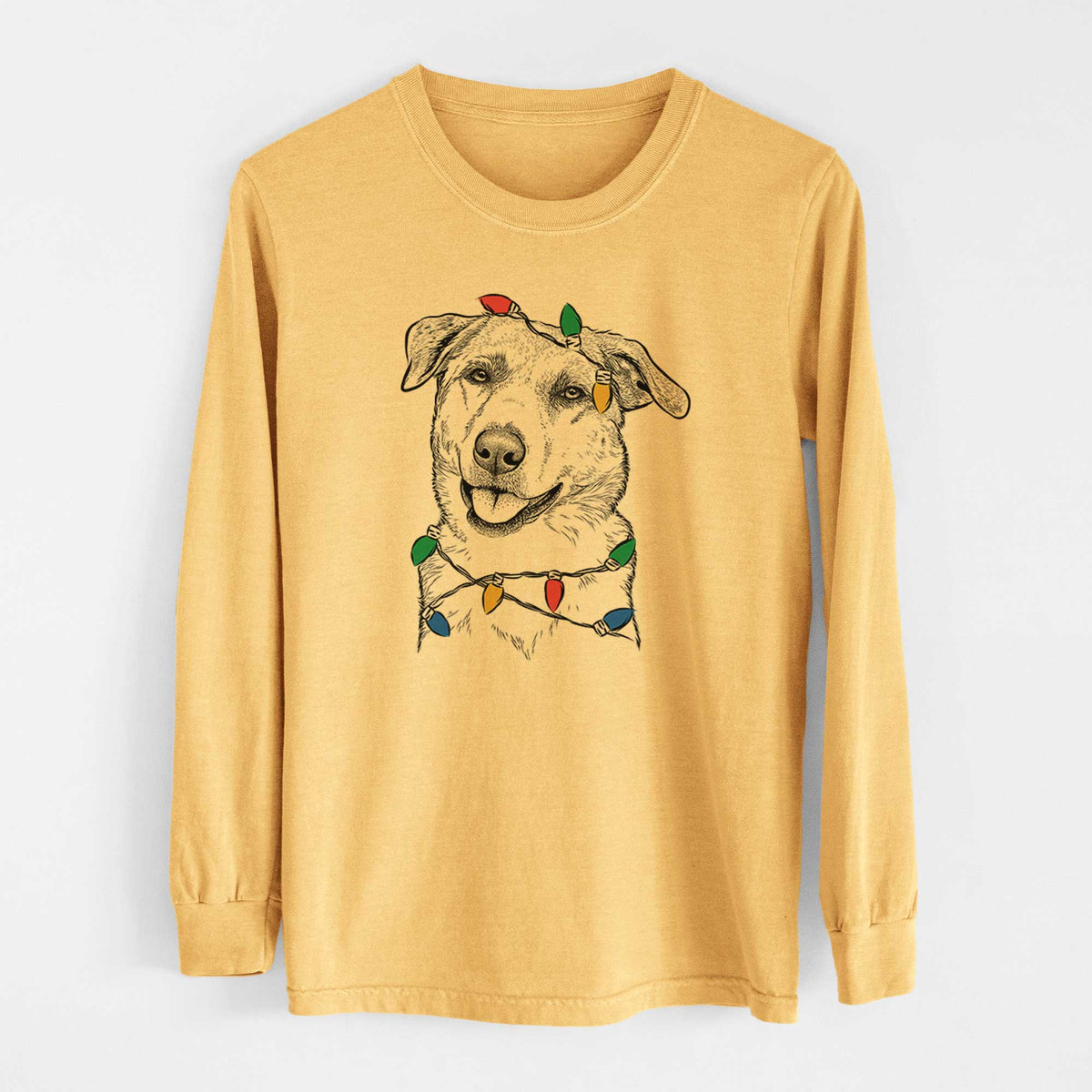 Christmas Lights Sydney the Great Pyrenees Australian Shepherd Mix - Heavyweight 100% Cotton Long Sleeve