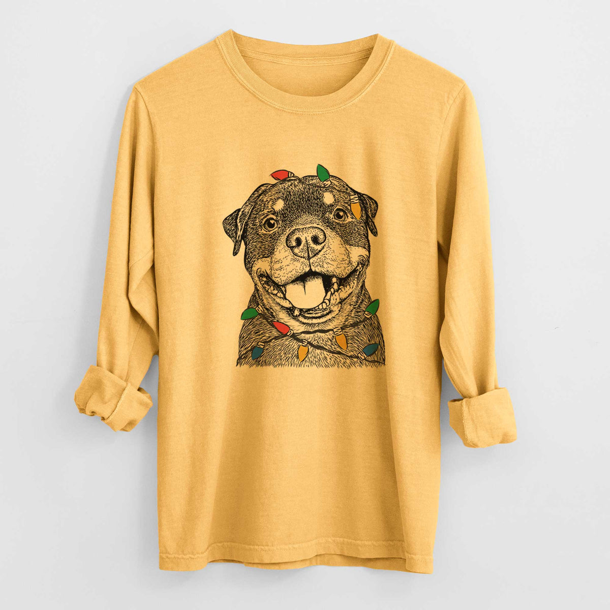 Christmas Lights Talos the Rottweiler - Heavyweight 100% Cotton Long Sleeve