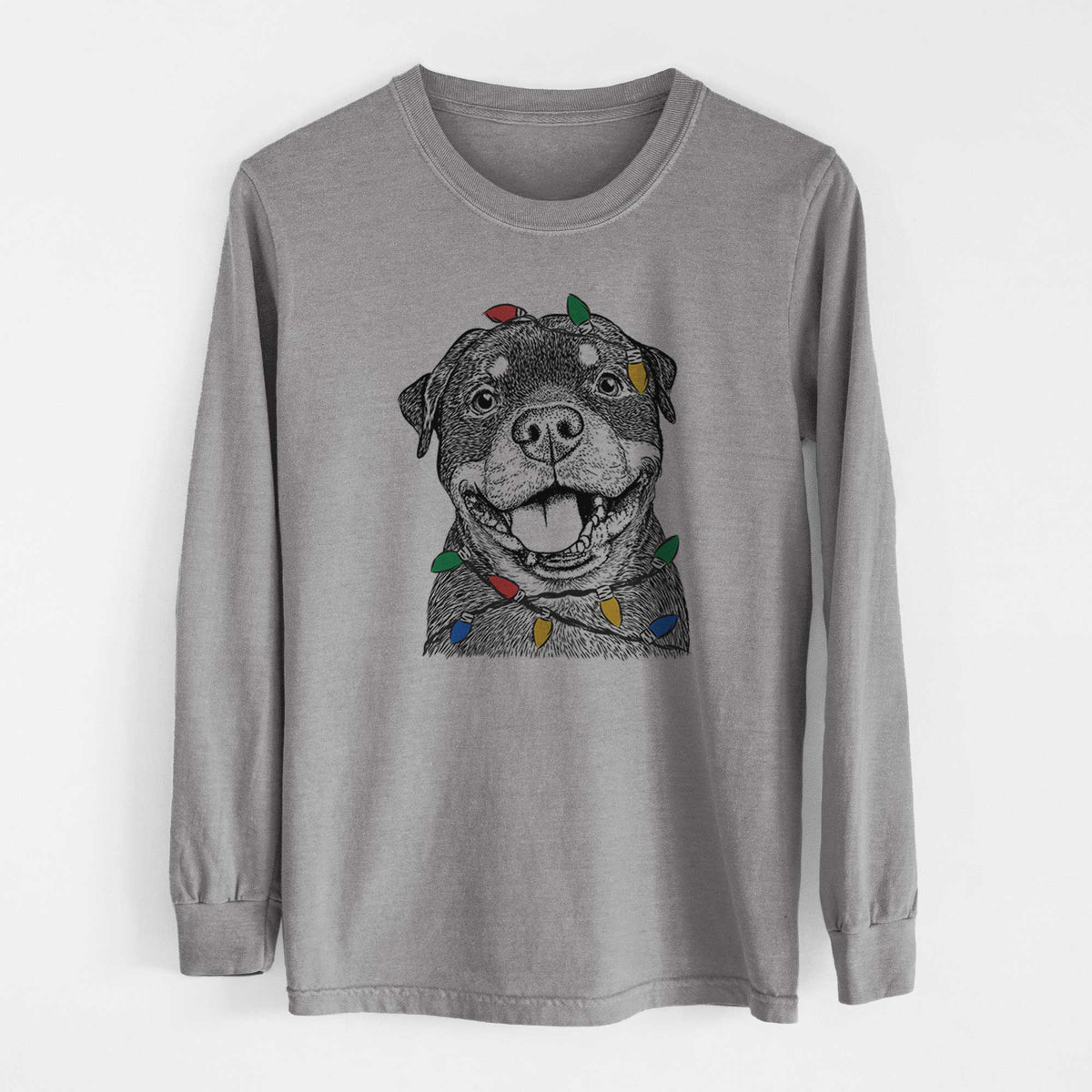 Christmas Lights Talos the Rottweiler - Heavyweight 100% Cotton Long Sleeve