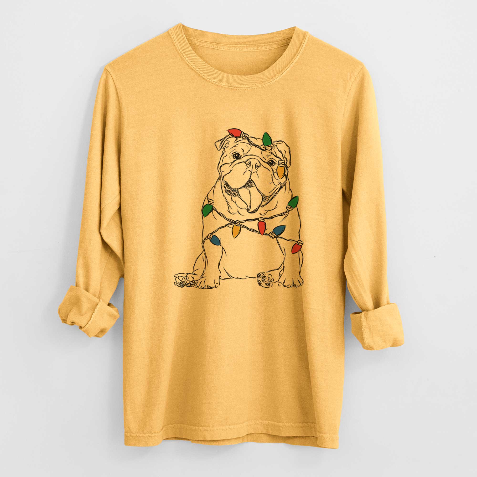 Christmas Lights Tank the English Bulldog - Heavyweight 100% Cotton Long Sleeve