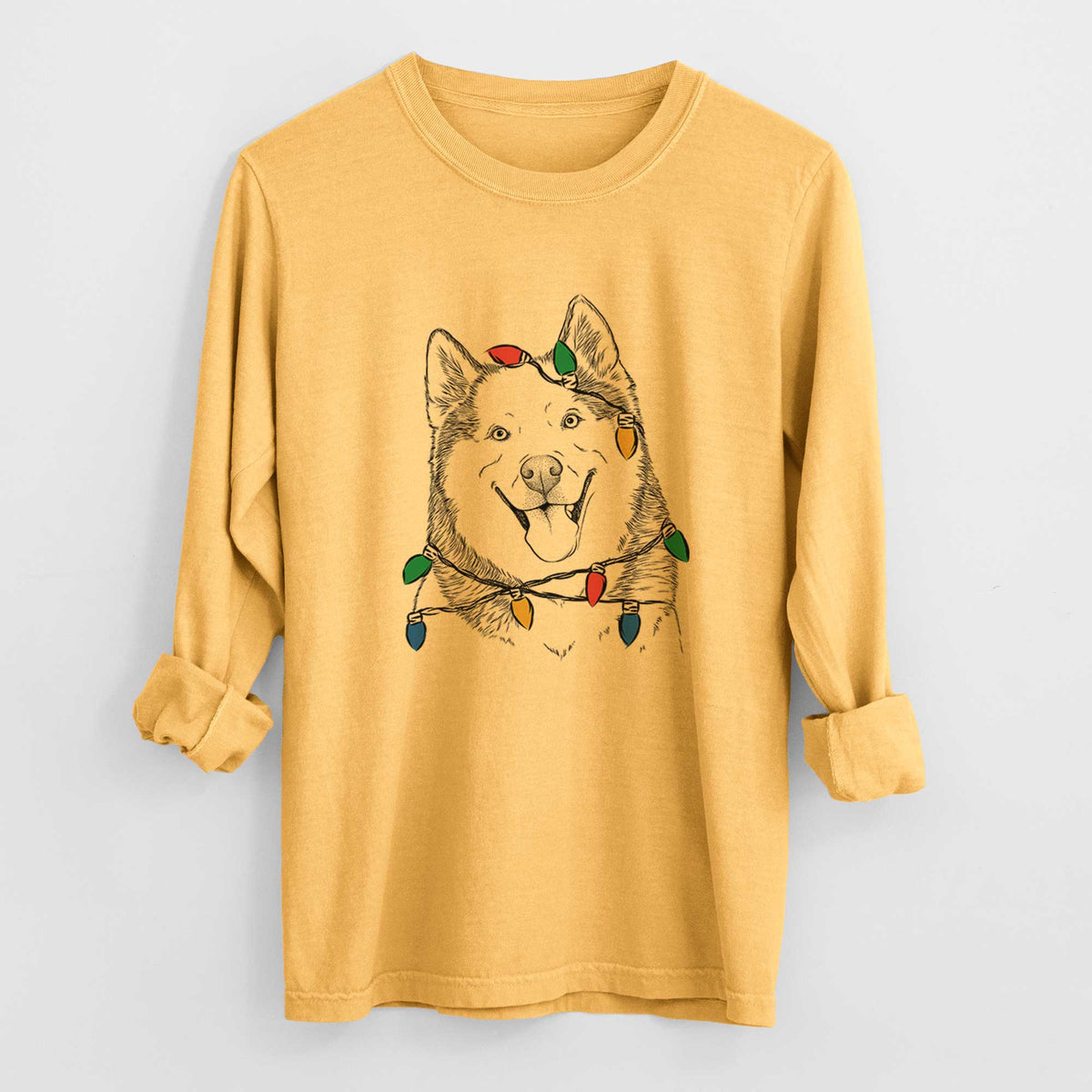 Christmas Lights Teak the Siberian Husky - Heavyweight 100% Cotton Long Sleeve