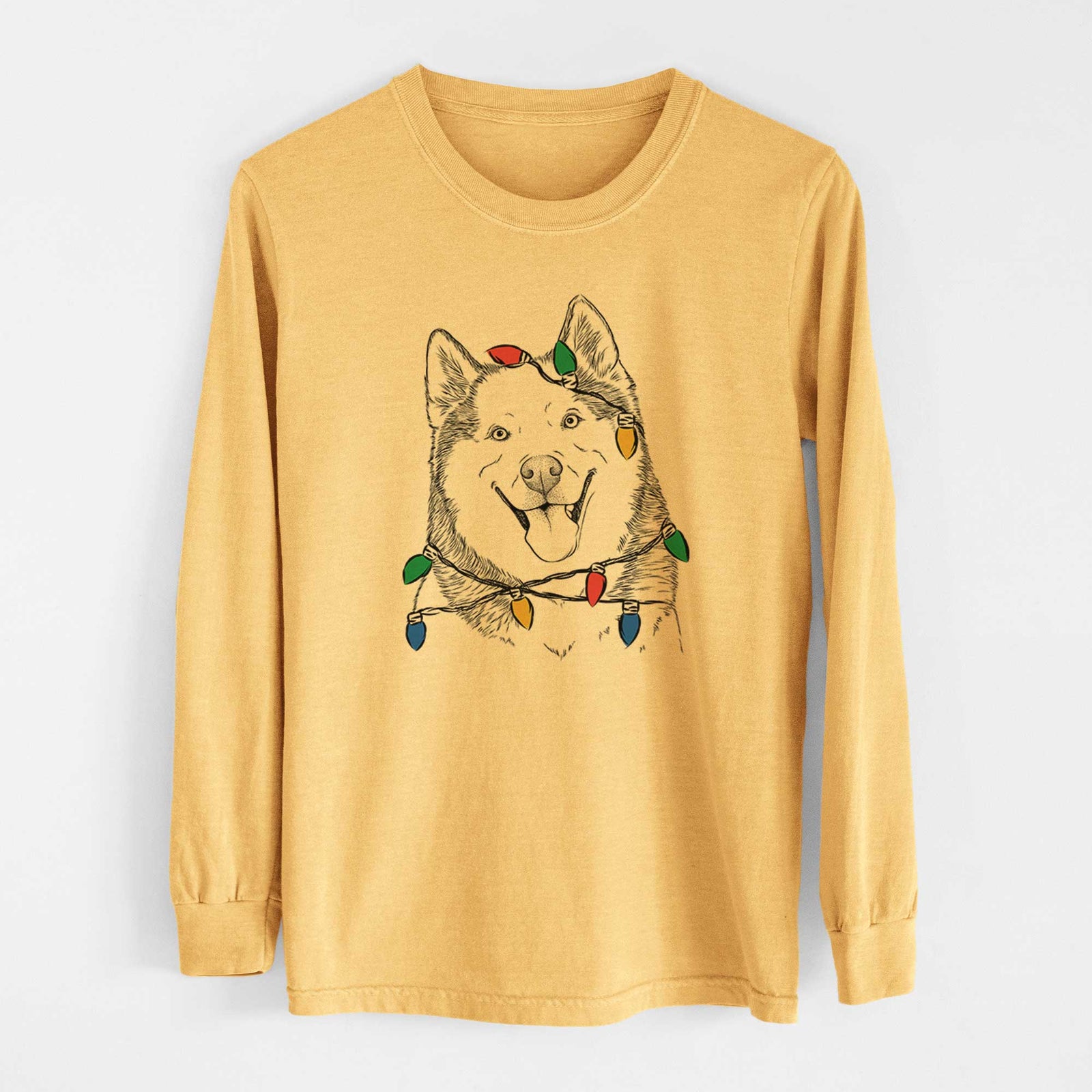 Christmas Lights Teak the Siberian Husky - Heavyweight 100% Cotton Long Sleeve