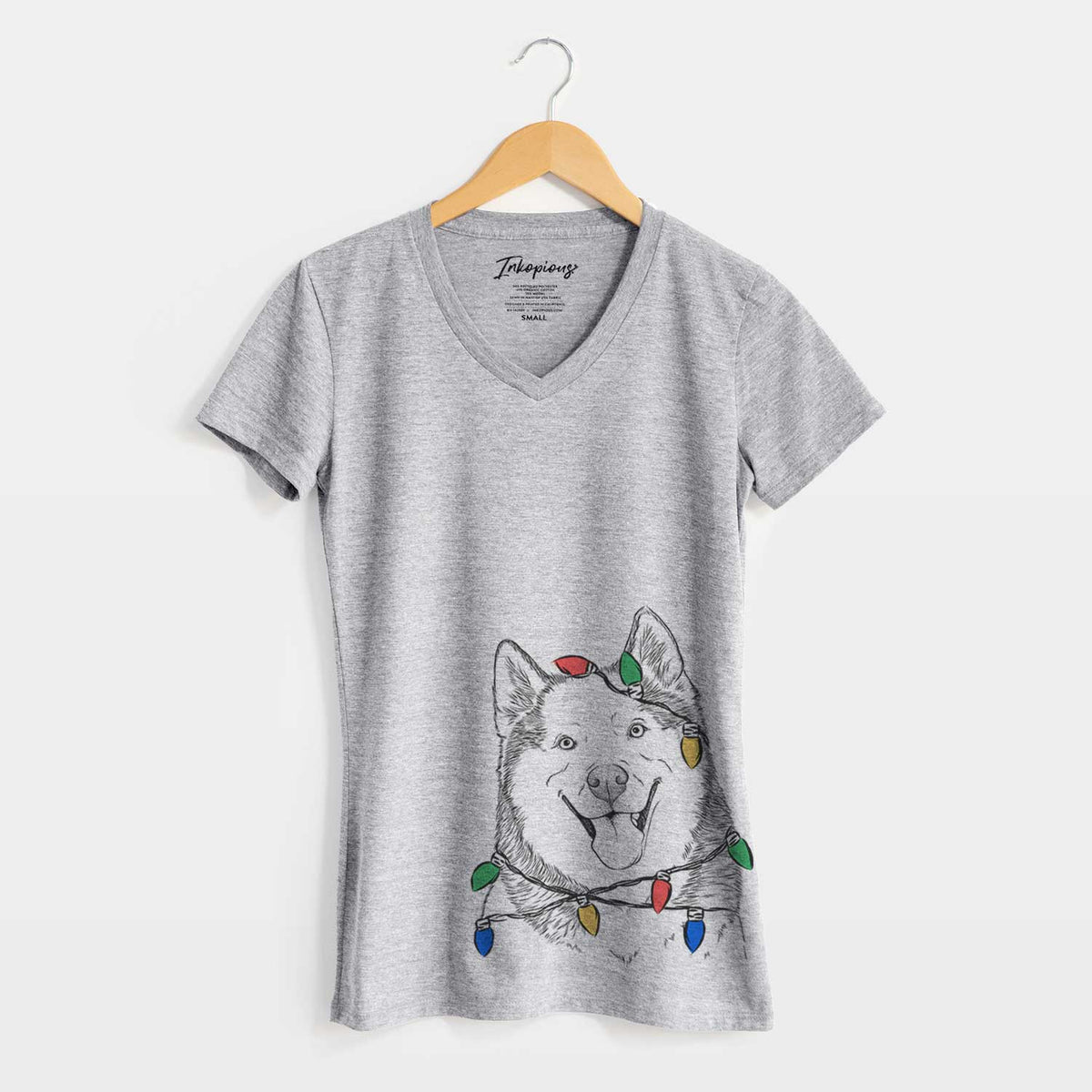 Christmas Lights Teak the Siberian Husky - Women's V-neck Shirt