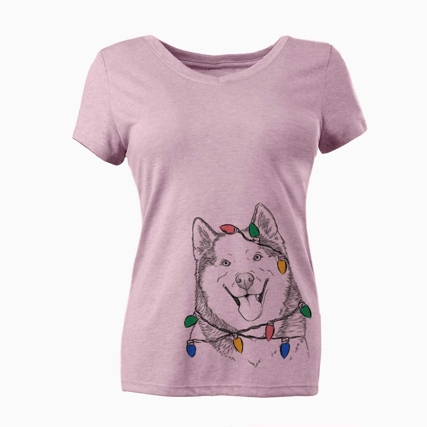 Christmas Lights Teak the Siberian Husky - Women's V-neck Shirt