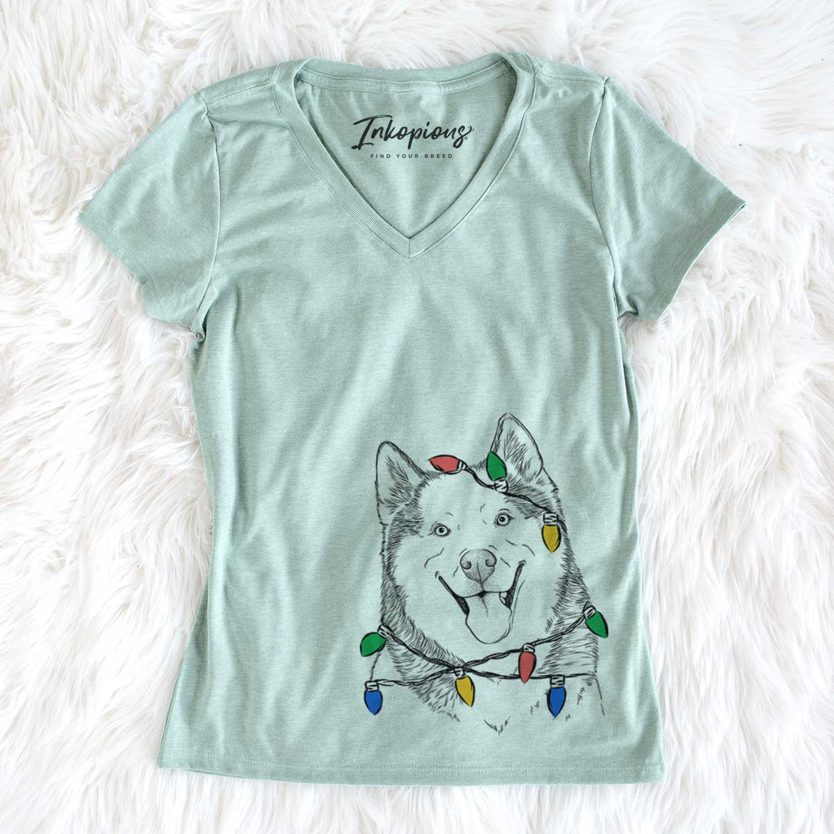 Christmas Lights Teak the Siberian Husky - Women&#39;s V-neck Shirt