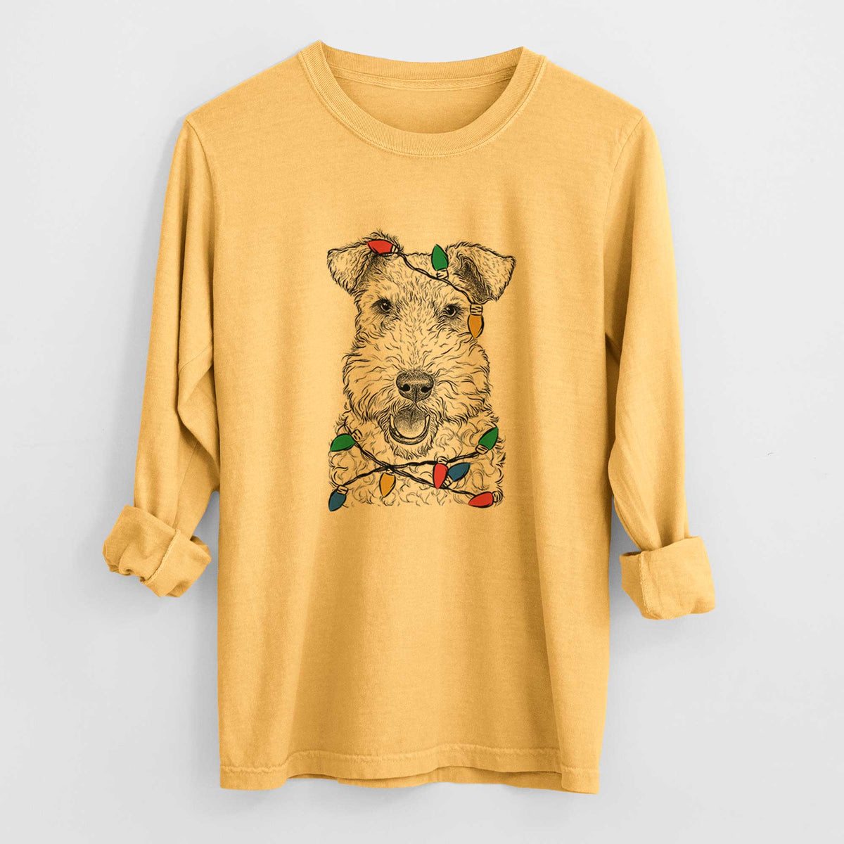 Christmas Lights Ted the Wire Fox Terrier - Heavyweight 100% Cotton Long Sleeve