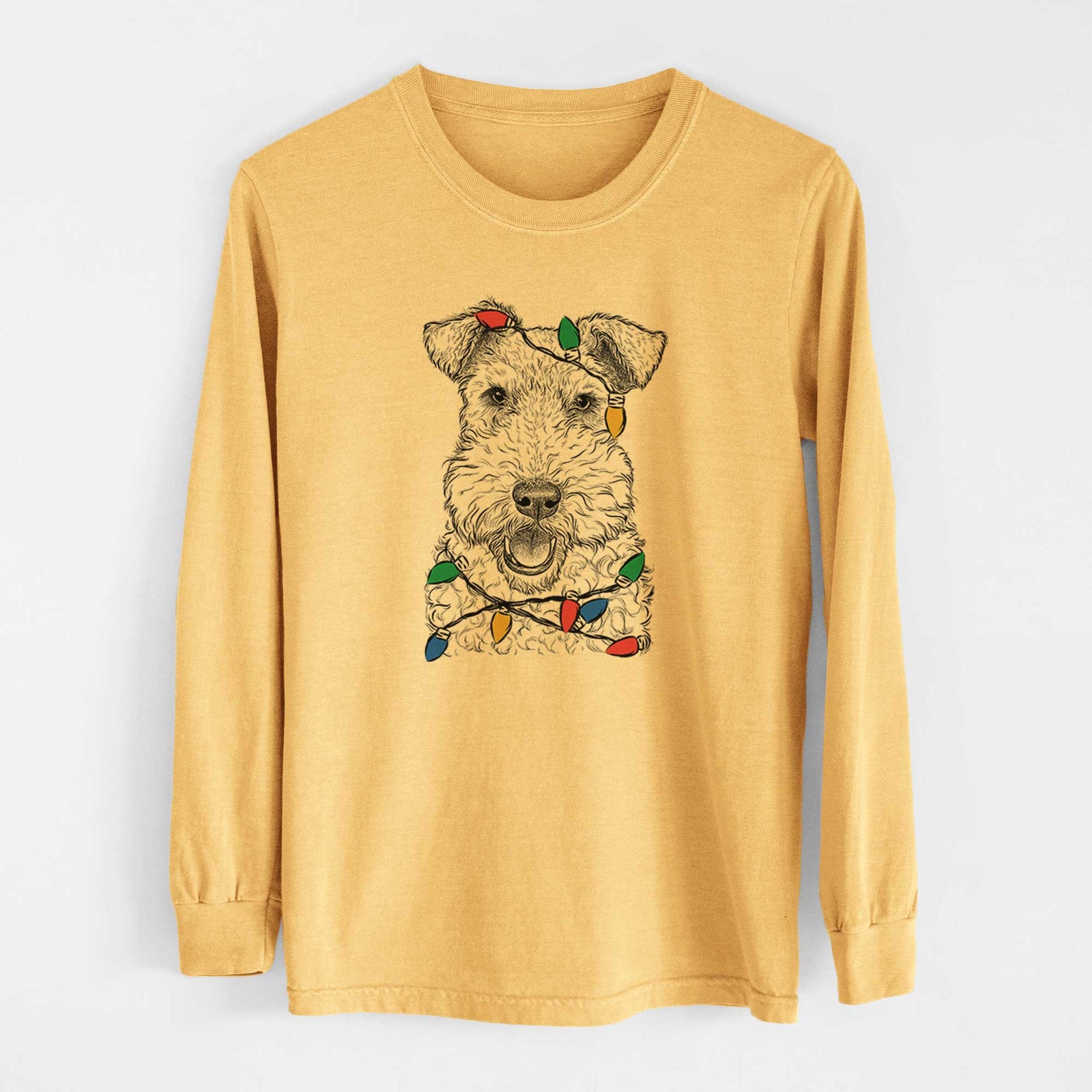Christmas Lights Ted the Wire Fox Terrier - Heavyweight 100% Cotton Long Sleeve