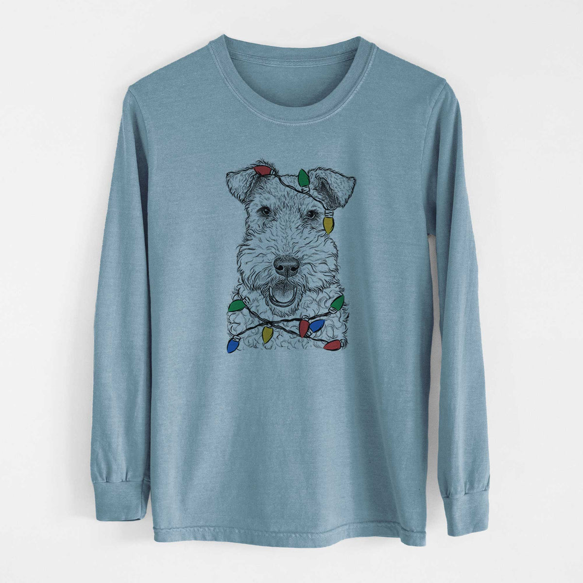 Christmas Lights Ted the Wire Fox Terrier - Heavyweight 100% Cotton Long Sleeve