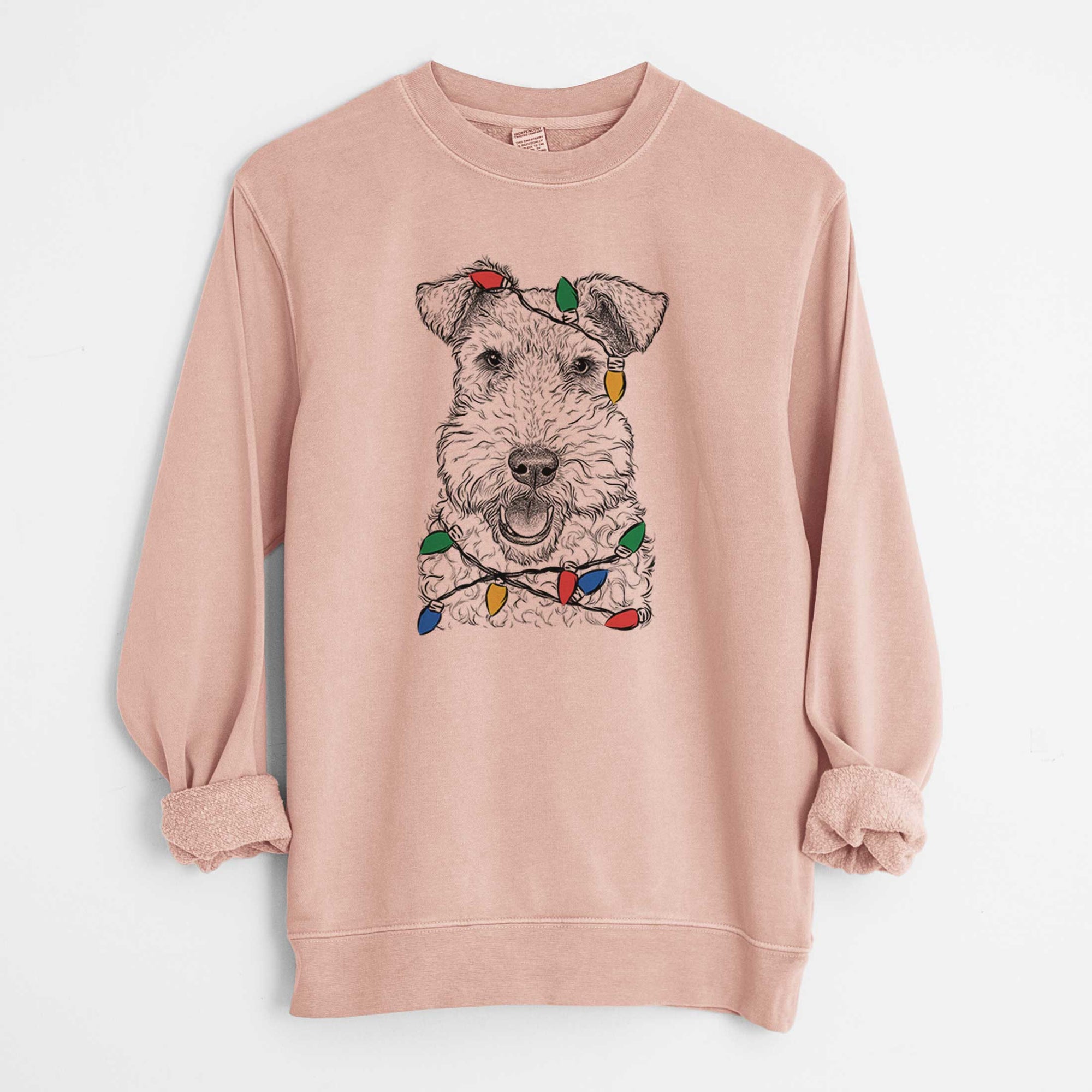 Christmas Lights Ted the Wire Fox Terrier - Unisex Pigment Dyed Crew Sweatshirt