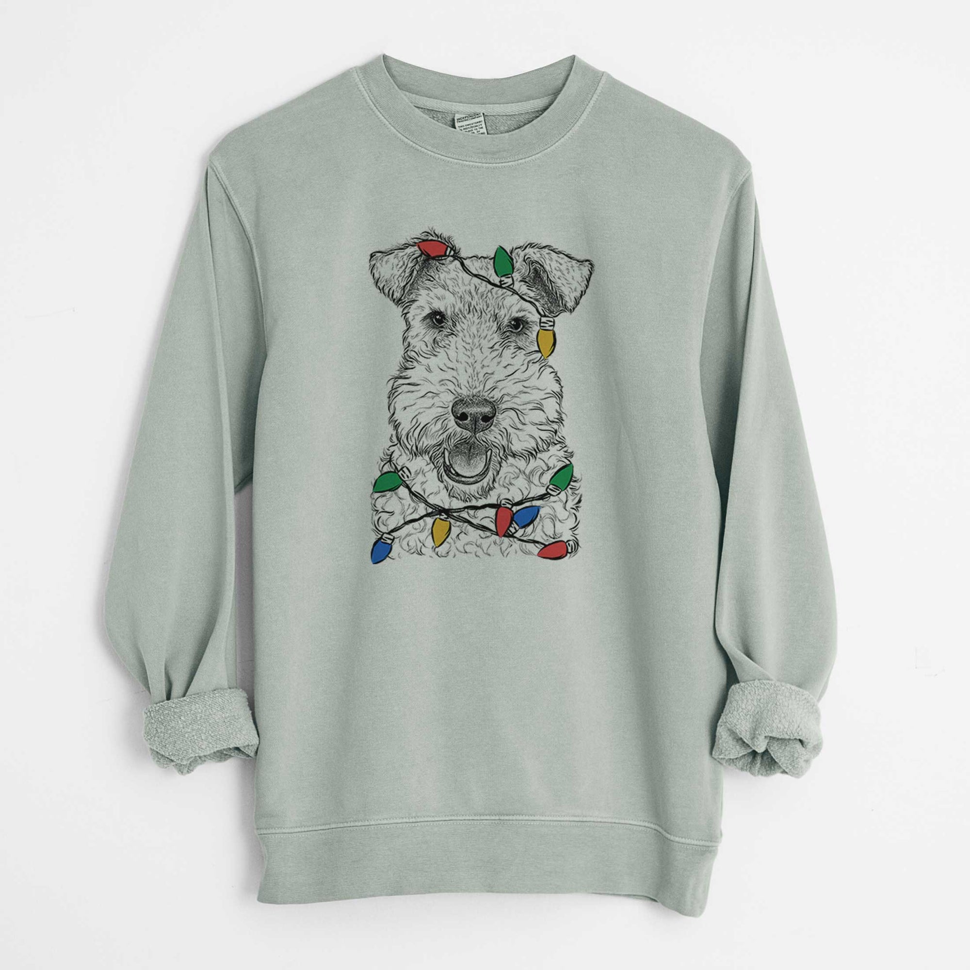 Christmas Lights Ted the Wire Fox Terrier - Unisex Pigment Dyed Crew Sweatshirt