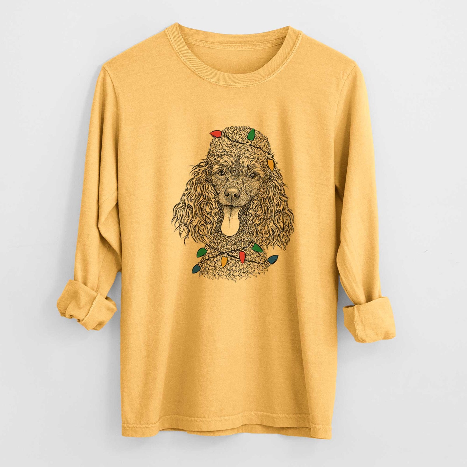 Christmas Lights Teddy the Mini Poodle - Heavyweight 100% Cotton Long Sleeve