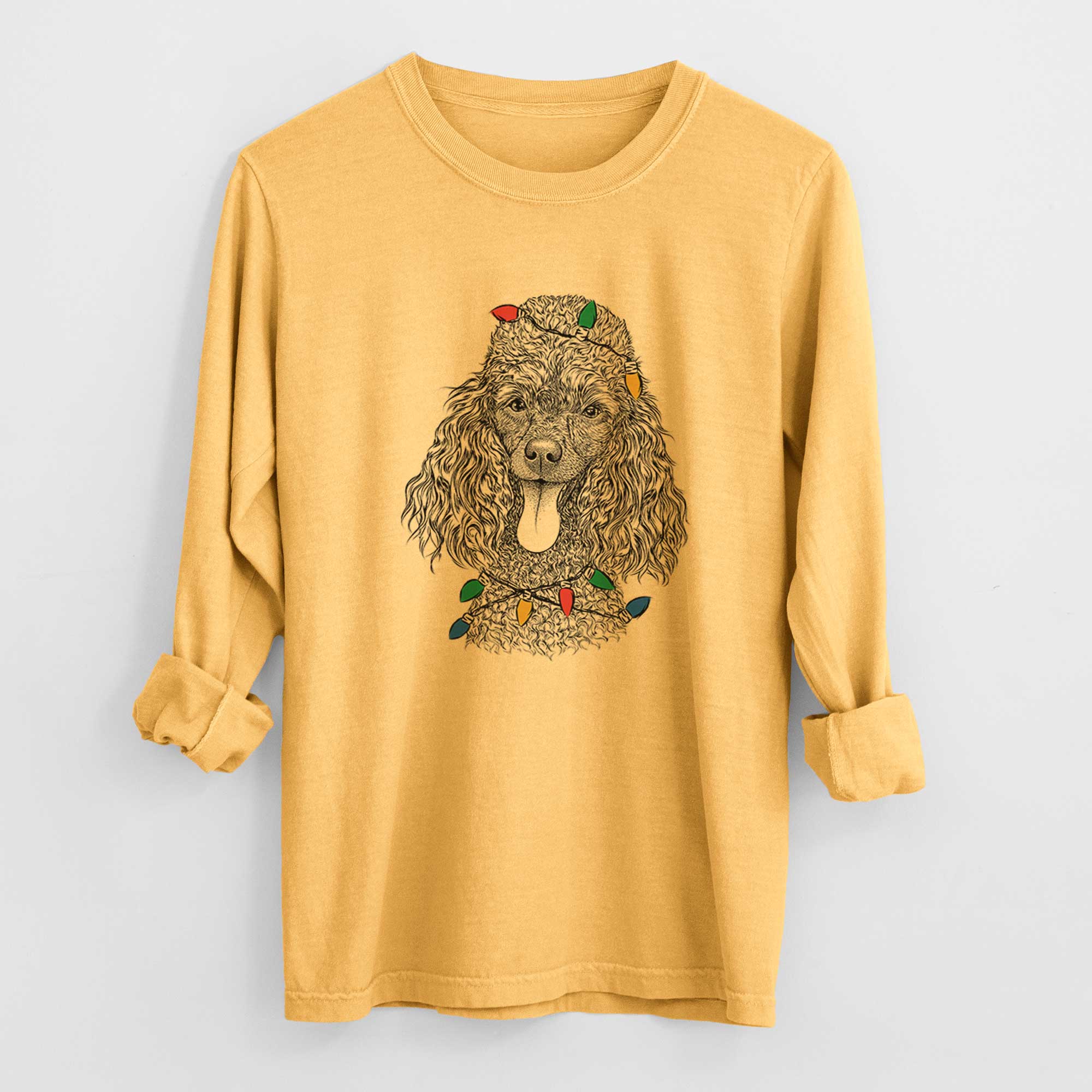 Christmas Lights Teddy the Mini Poodle - Heavyweight 100% Cotton Long Sleeve