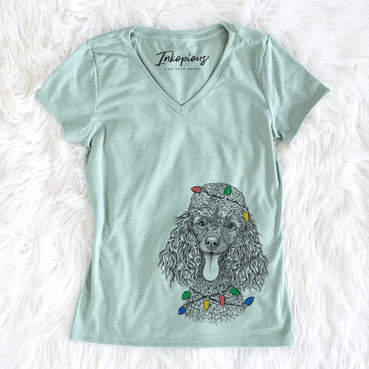 Christmas Lights Teddy the Mini Poodle - Women&#39;s V-neck Shirt