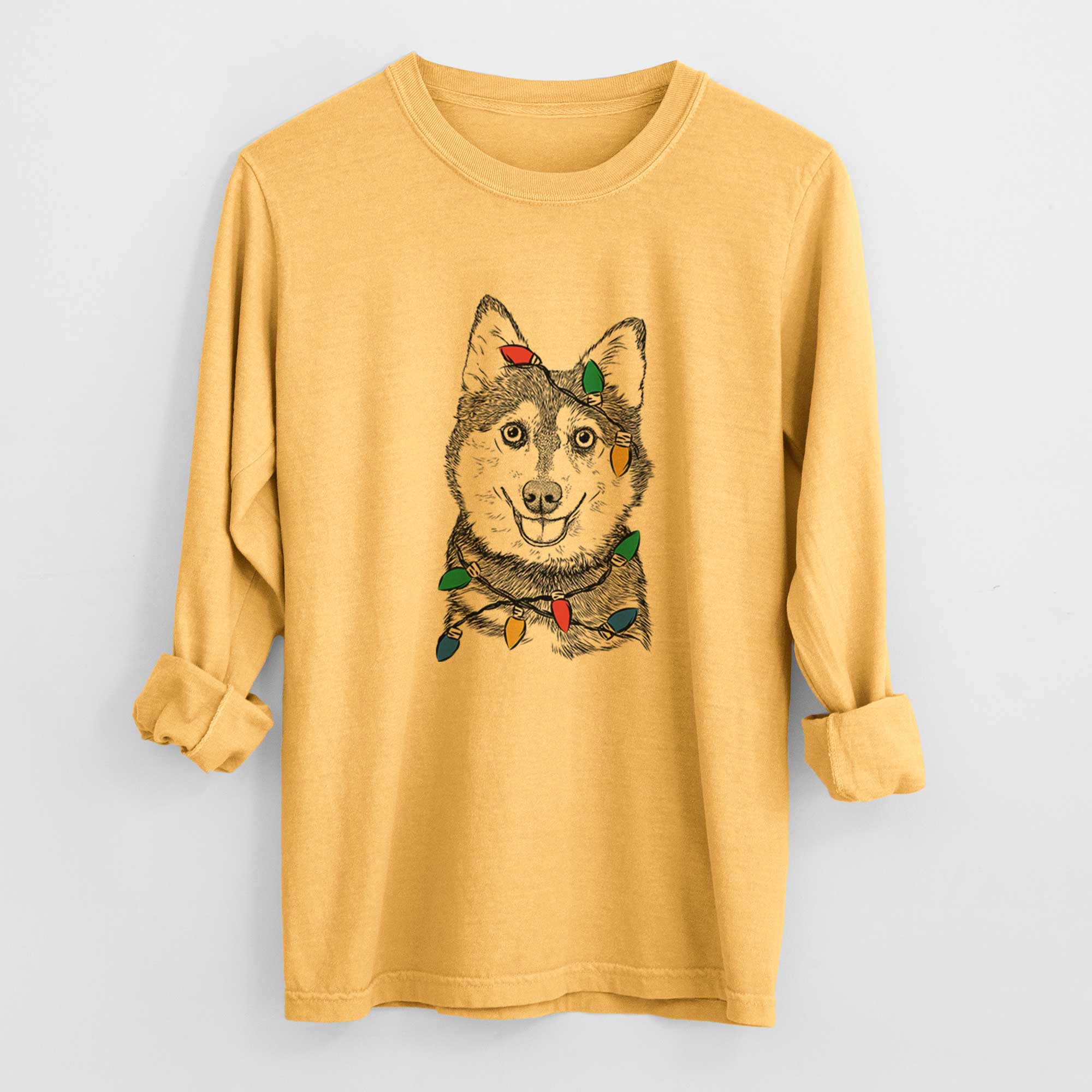 Christmas Lights Tellie the Alaskan Klee Kai - Heavyweight 100% Cotton Long Sleeve