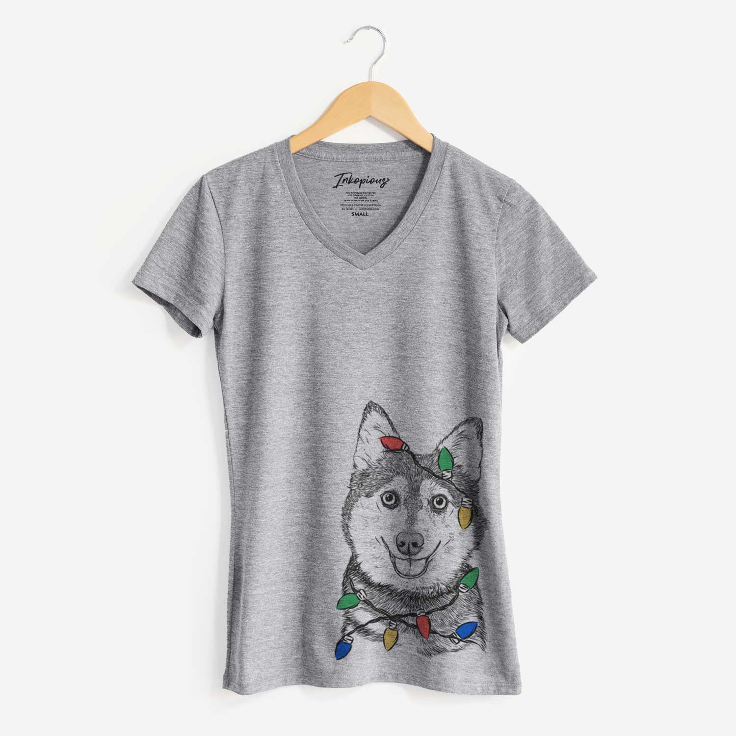 Christmas Lights Tellie the Alaskan Klee Kai - Women's V-neck Shirt