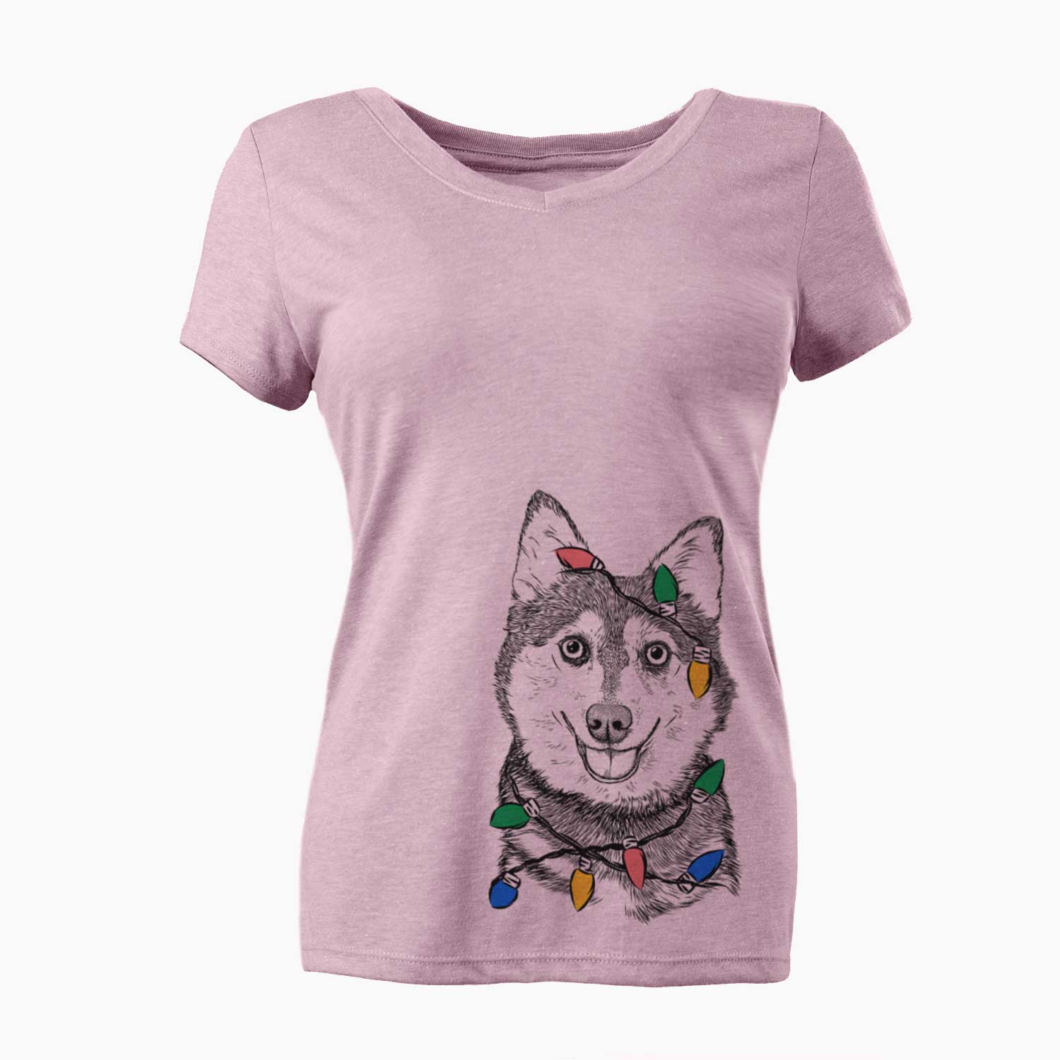 Christmas Lights Tellie the Alaskan Klee Kai - Women's V-neck Shirt