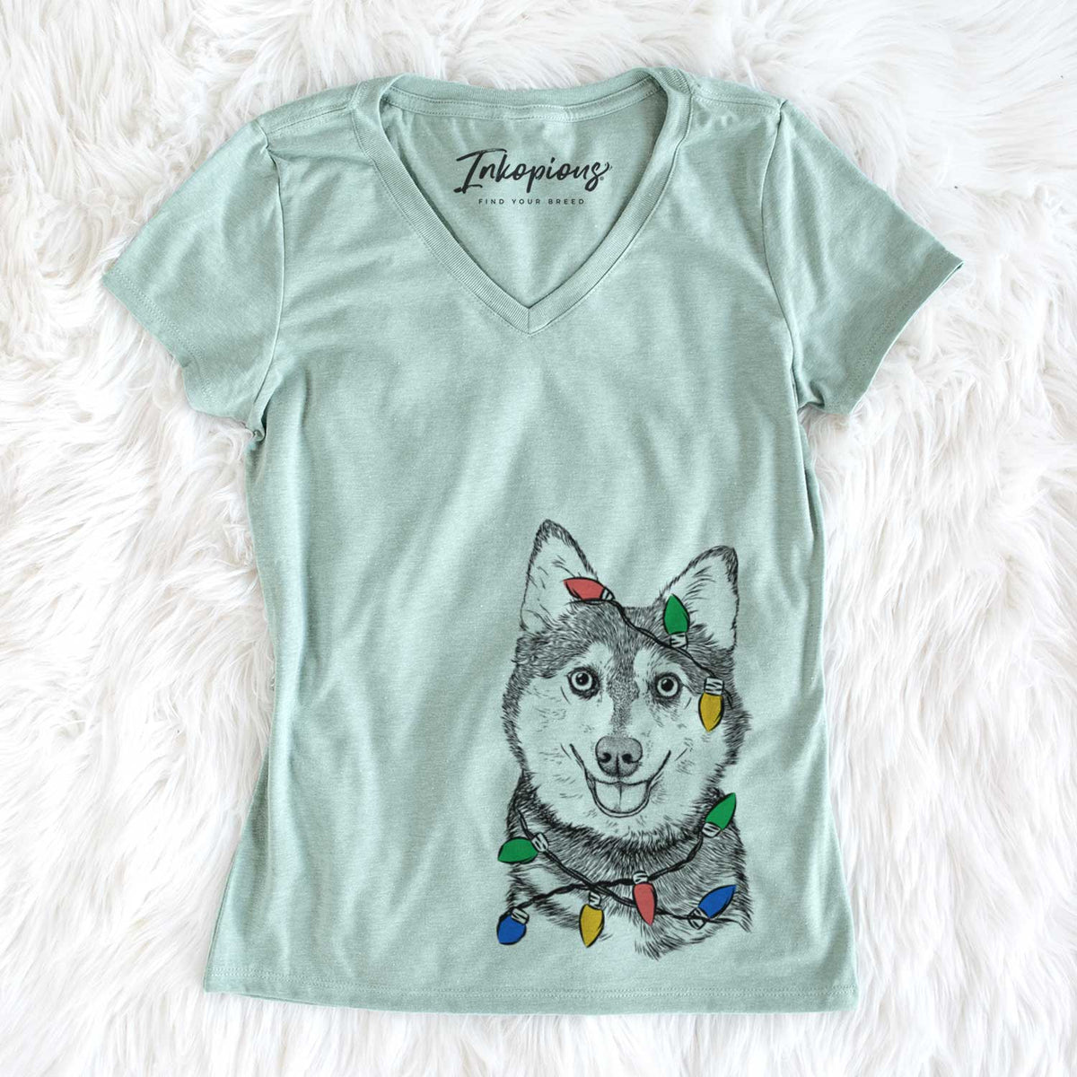 Christmas Lights Tellie the Alaskan Klee Kai - Women&#39;s V-neck Shirt