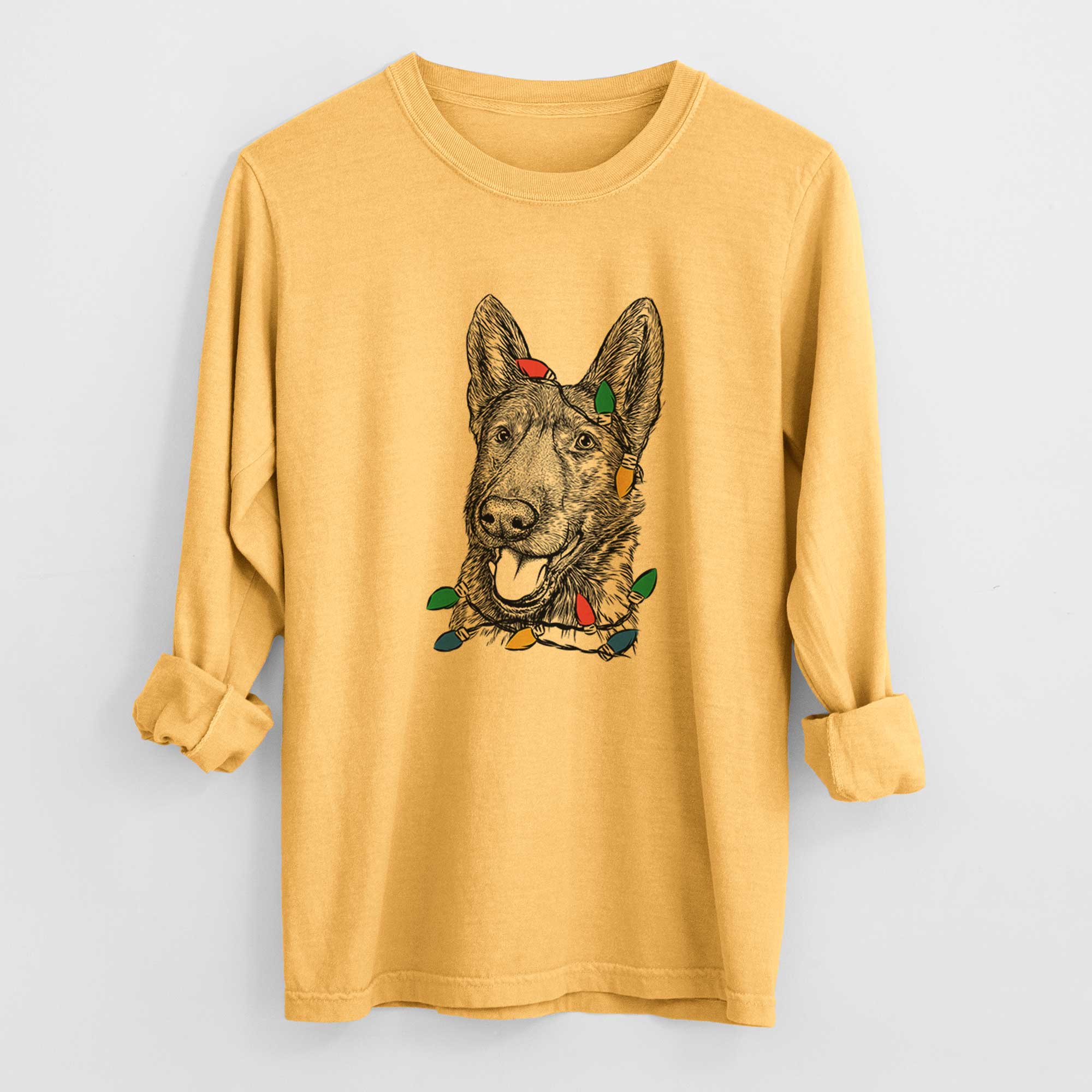 Christmas Lights Tena the German Shepherd - Heavyweight 100% Cotton Long Sleeve