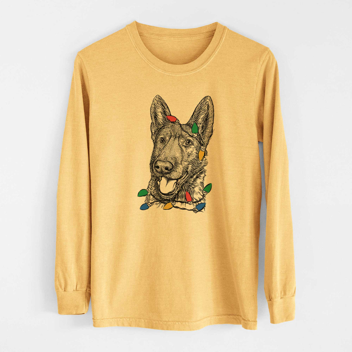 Christmas Lights Tena the German Shepherd - Heavyweight 100% Cotton Long Sleeve