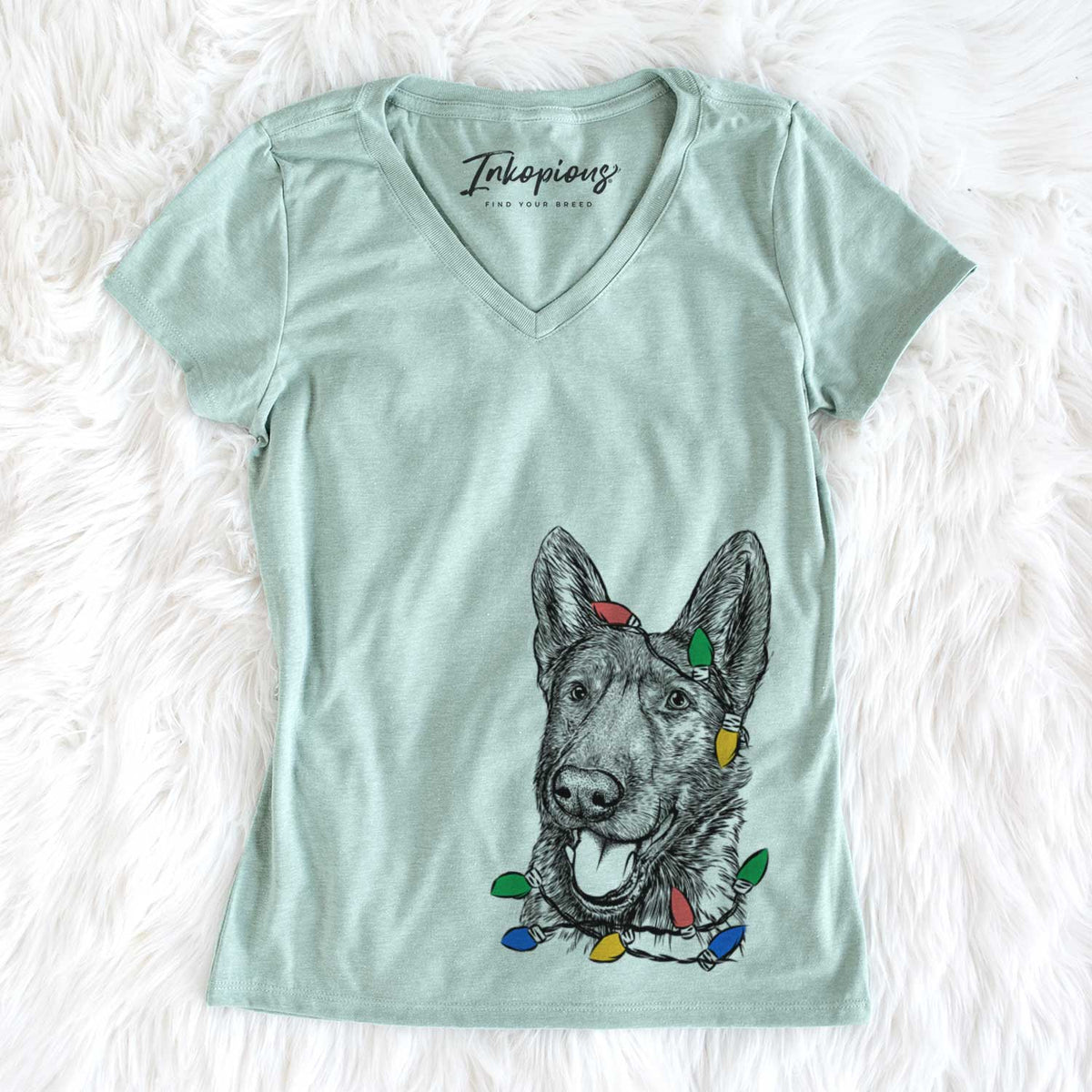 Christmas Lights Tena the German Shepherd - Women&#39;s V-neck Shirt