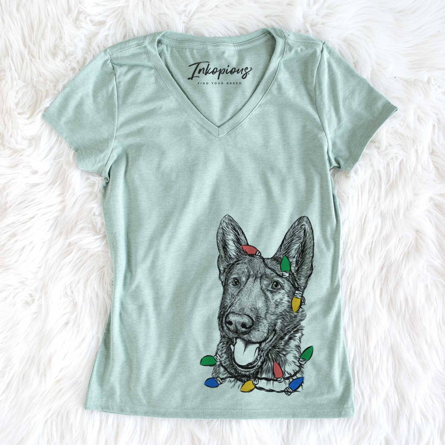 Christmas Lights Tena the German Shepherd - Women's V-neck Shirt