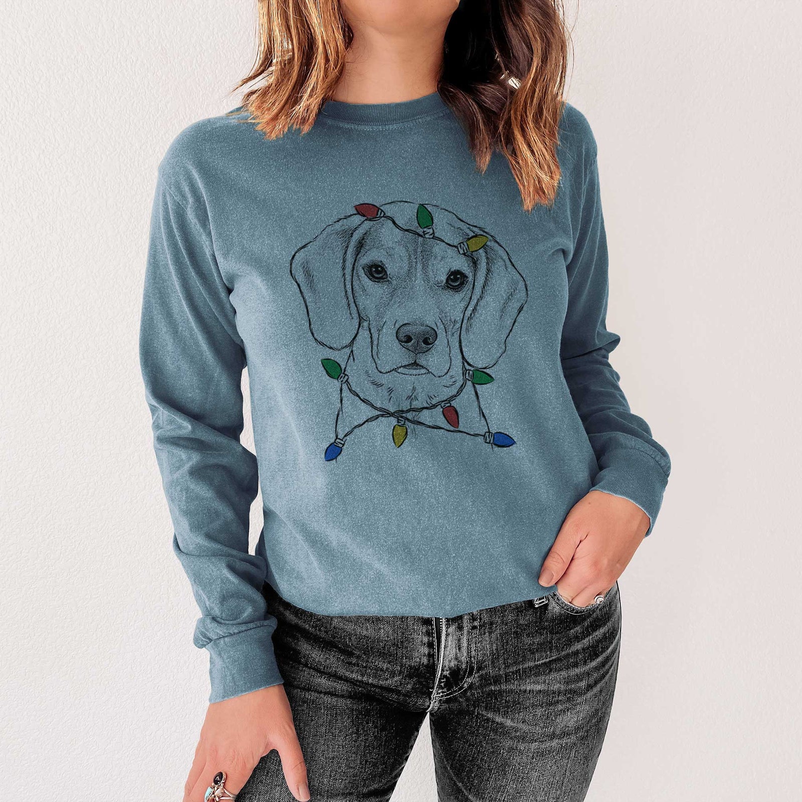 Christmas Lights Thea the Beagle - Heavyweight 100% Cotton Long Sleeve