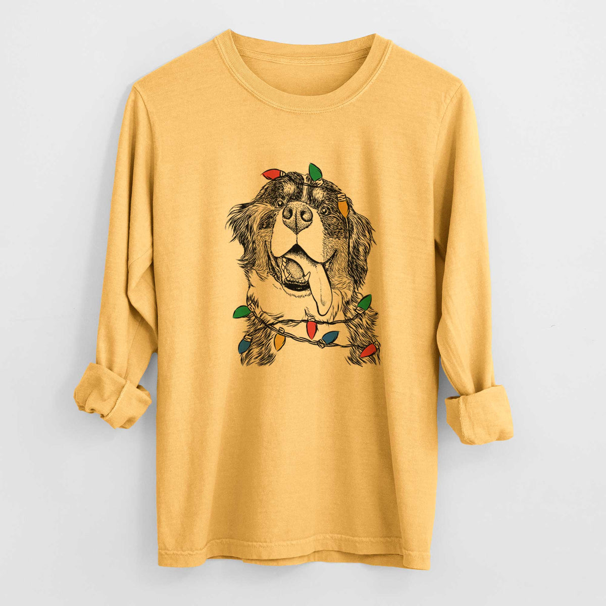 Christmas Lights Theo the Bernese Mountain Dog - Heavyweight 100% Cotton Long Sleeve