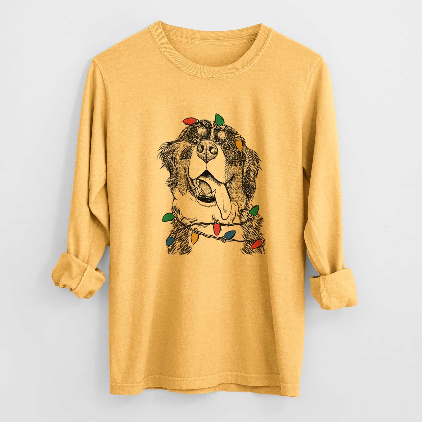 Christmas Lights Theo the Bernese Mountain Dog - Heavyweight 100% Cotton Long Sleeve