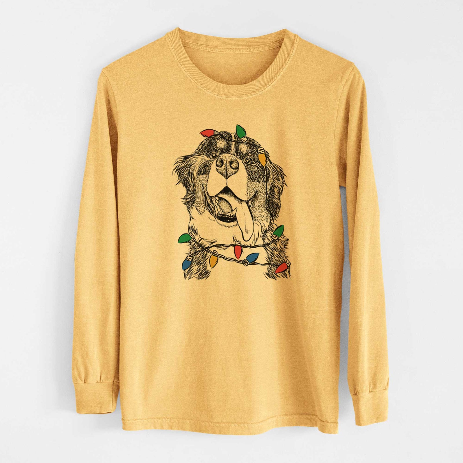 Christmas Lights Theo the Bernese Mountain Dog - Heavyweight 100% Cotton Long Sleeve