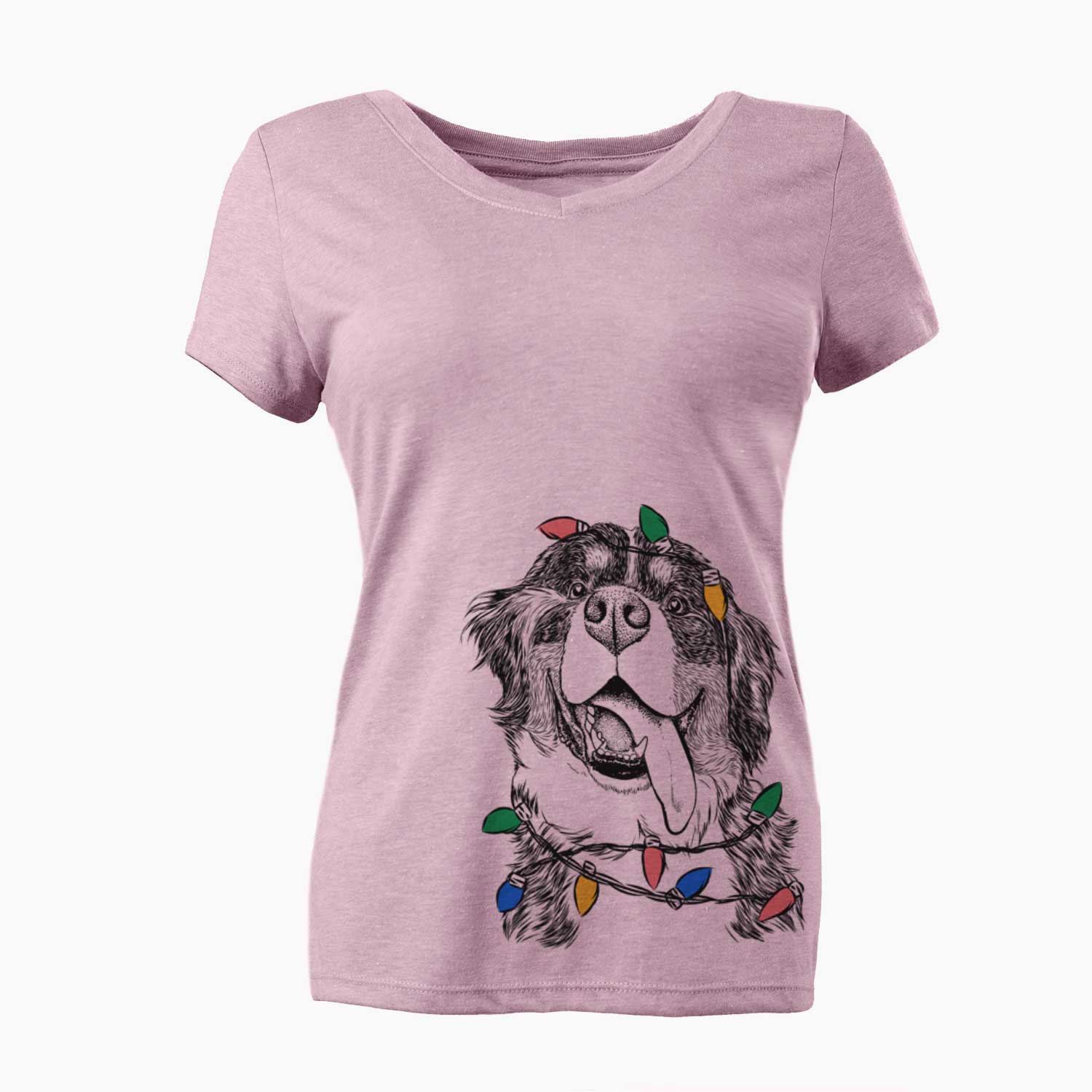 Christmas Lights Theo the Bernese Mountain Dog - Women's V-neck Shirt